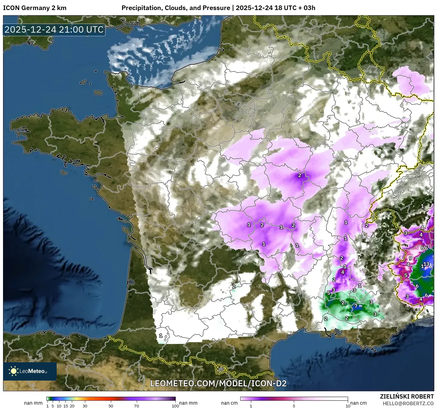 ICON Germany 2 km model - France, Precipitation, Clouds, and Pressure