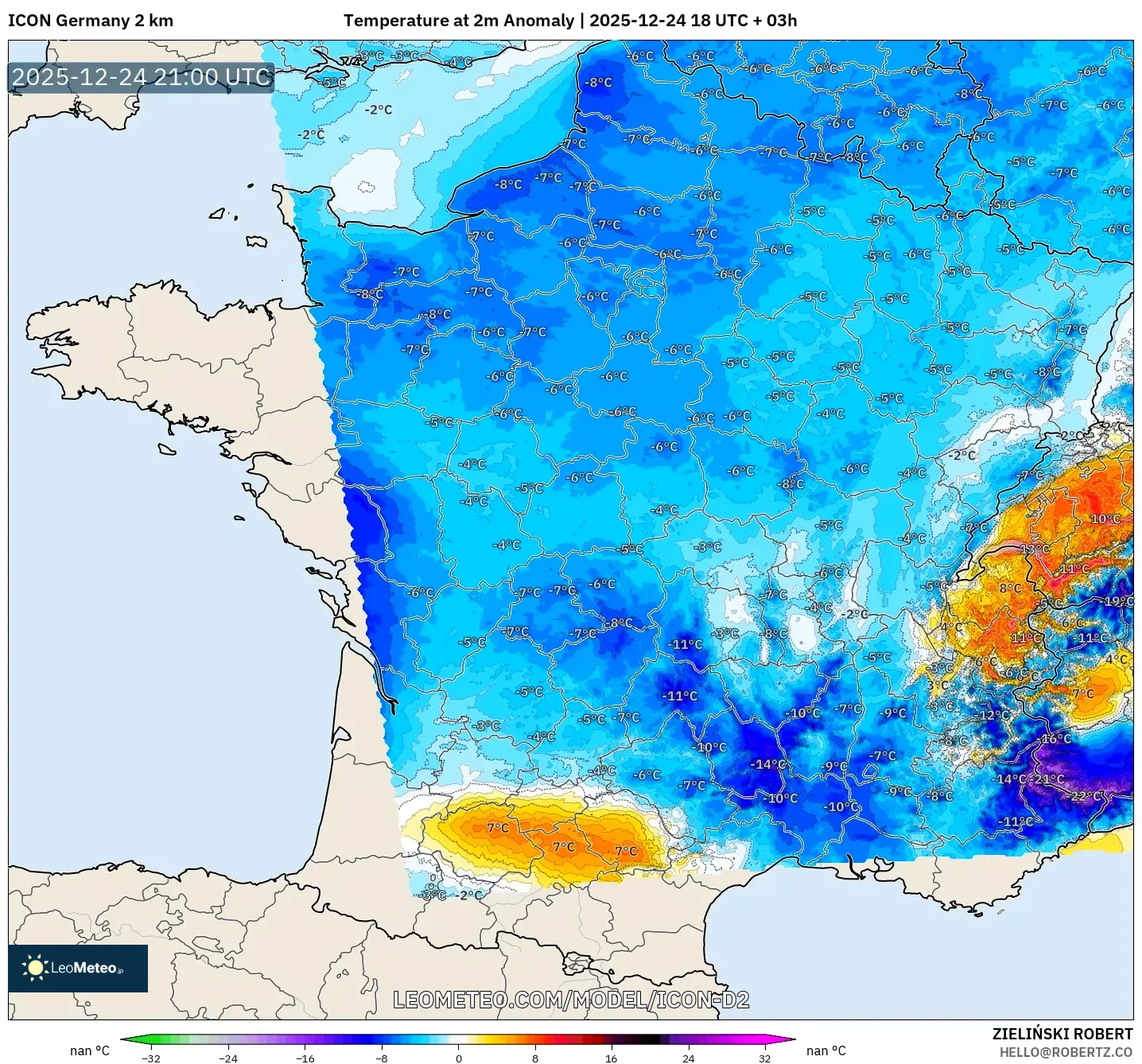 ICON Germany 2 km model - France, Temperature at 2m Anomaly