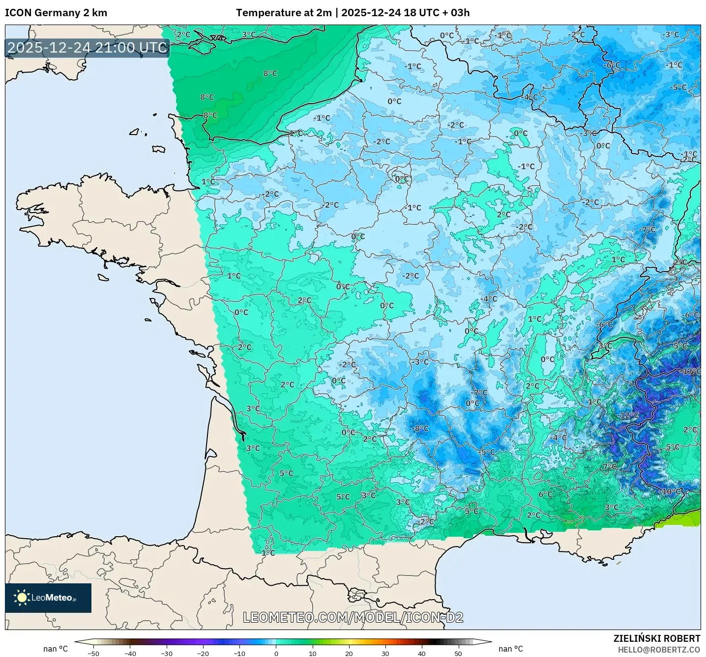 ICON Germany 2 km model - France, Temperature at 2m