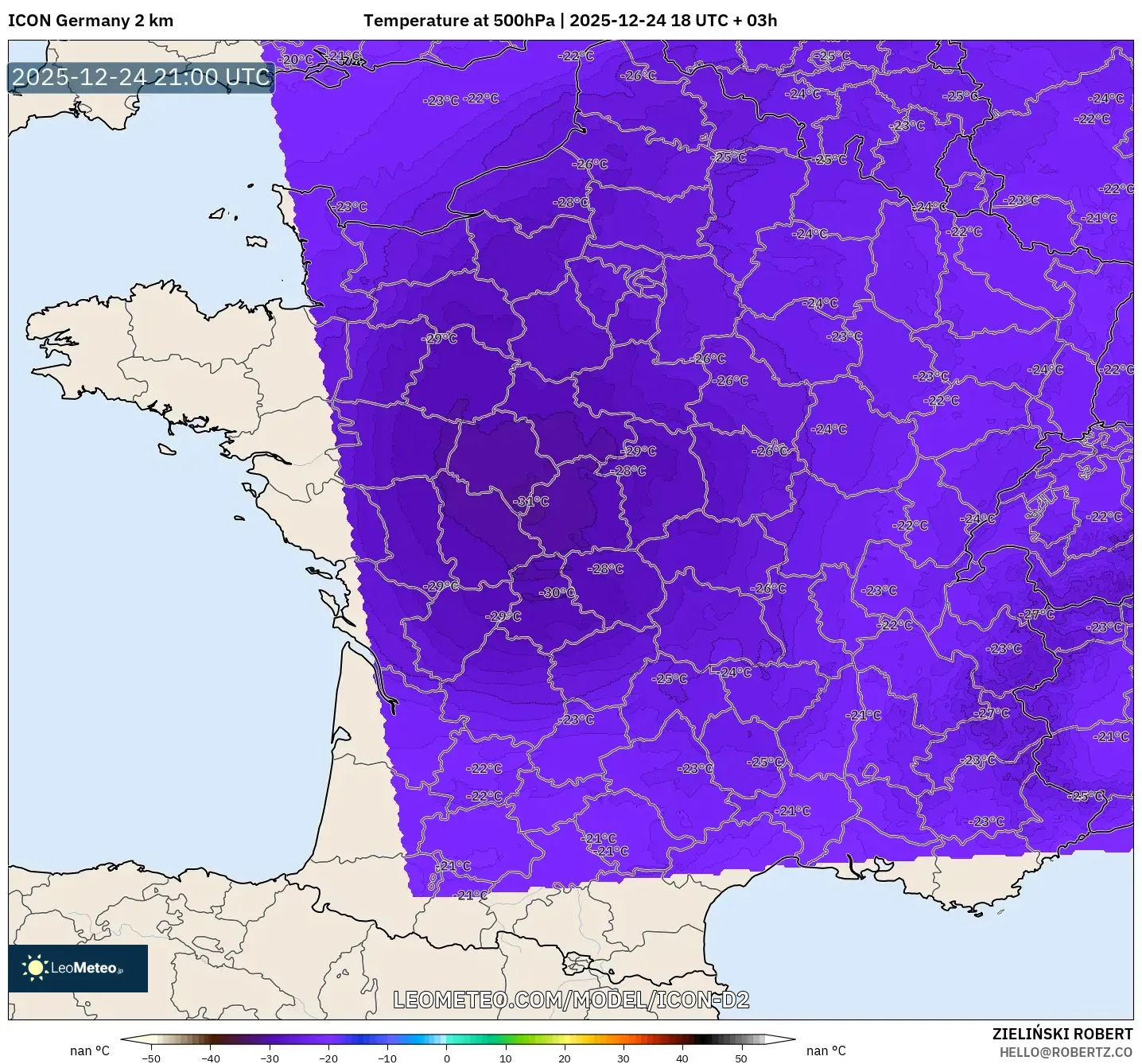 ICON Germany 2 km model - France, Temperature at 500hPa