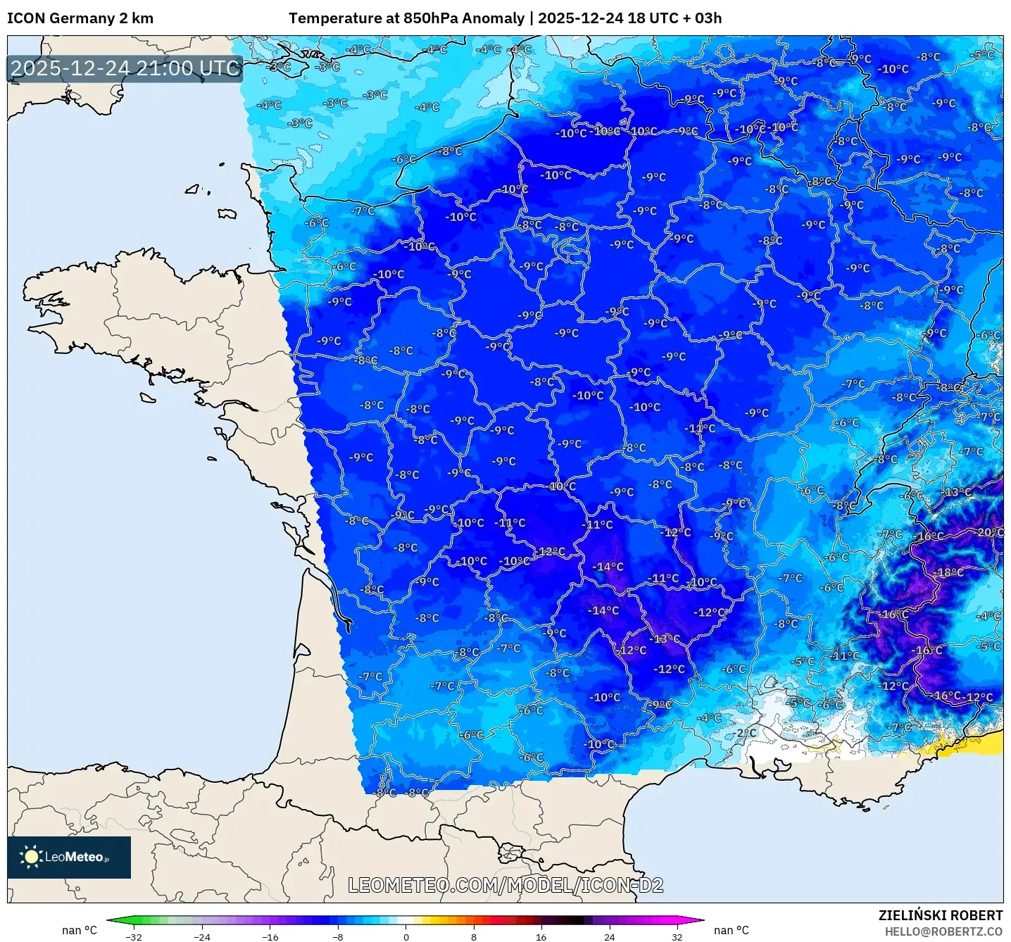 ICON Germany 2 km model - France, Temperature at 850hPa Anomaly
