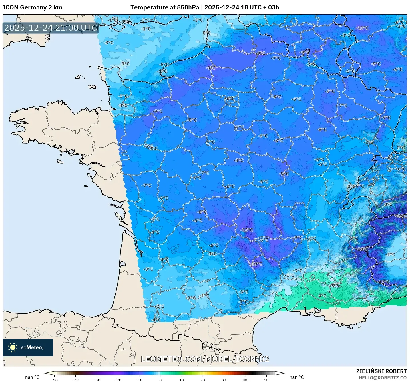 ICON Germany 2 km model - France, Temperature at 850hPa