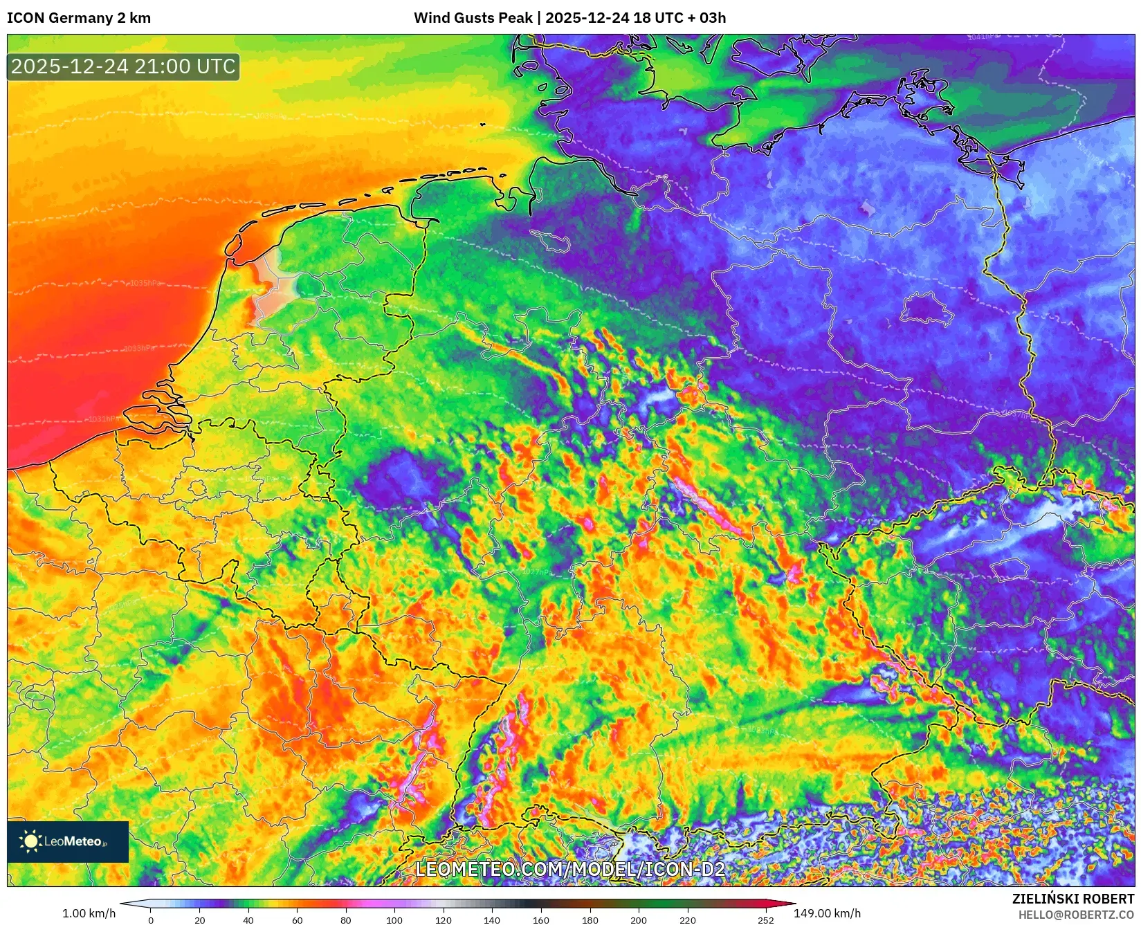 ICON Germany 2 km model - Germany, Wind Gusts Peak