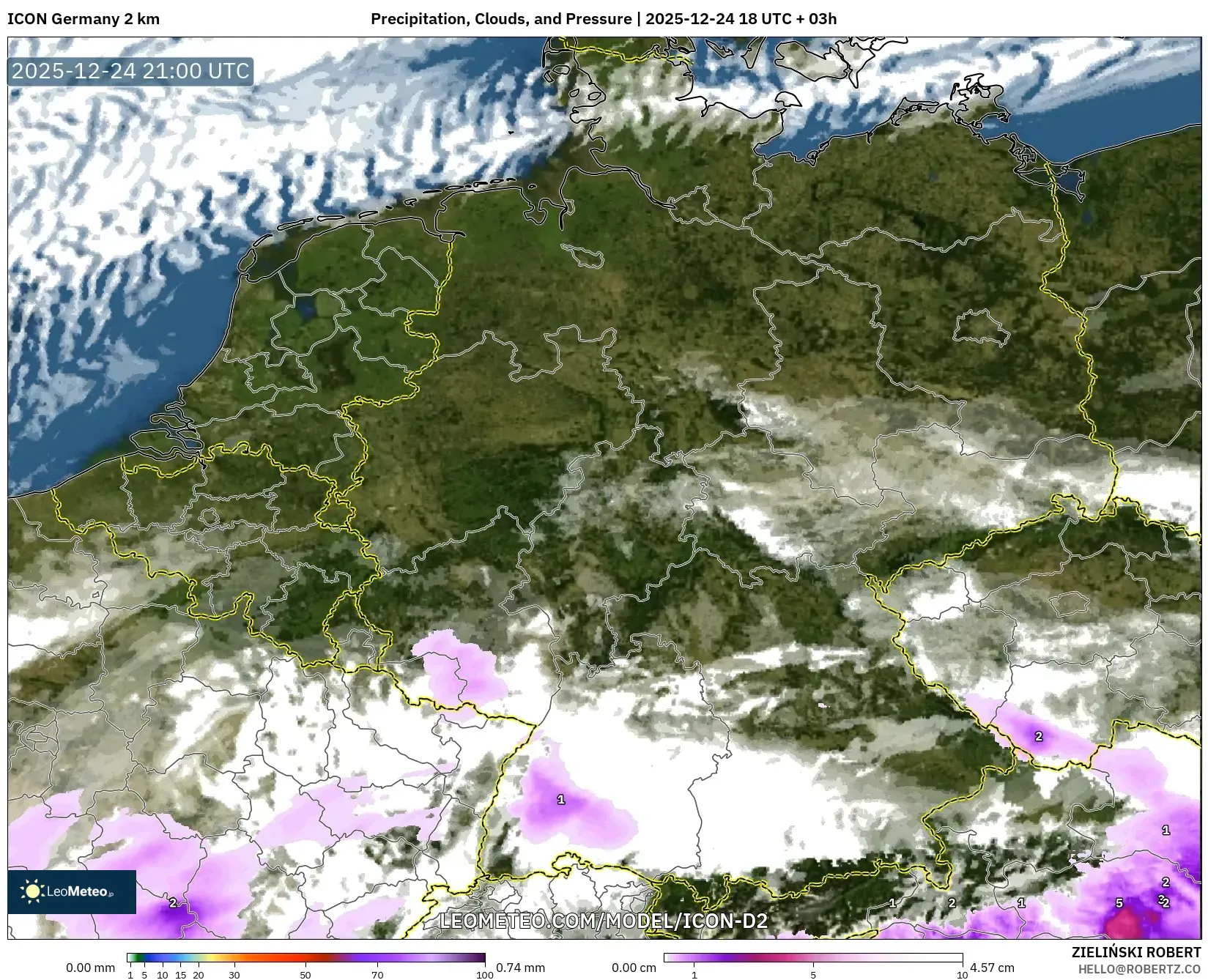 ICON Germany 2 km model - Germany, Precipitation, Clouds, and Pressure