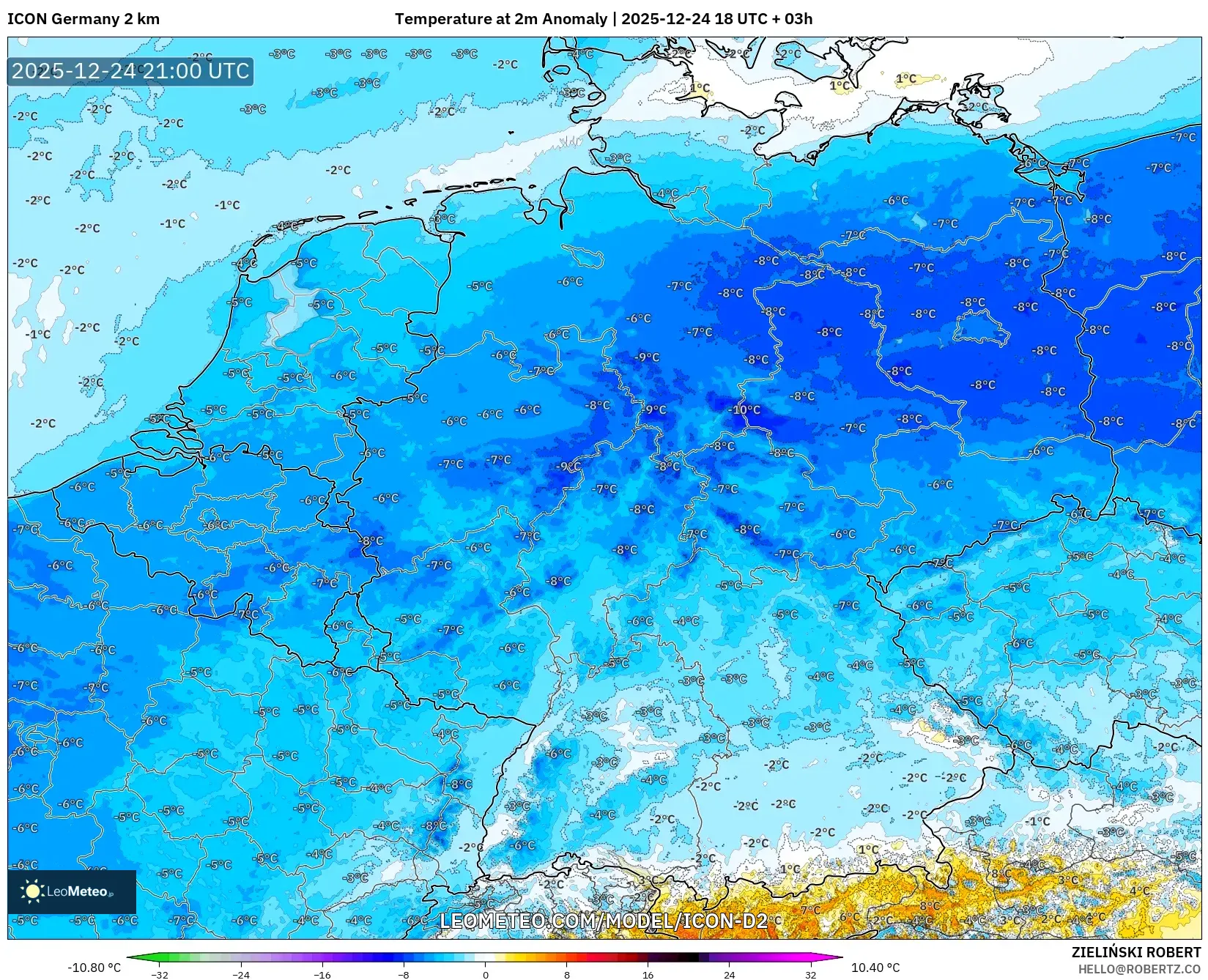 ICON Germany 2 km model - Germany, Temperature at 2m Anomaly
