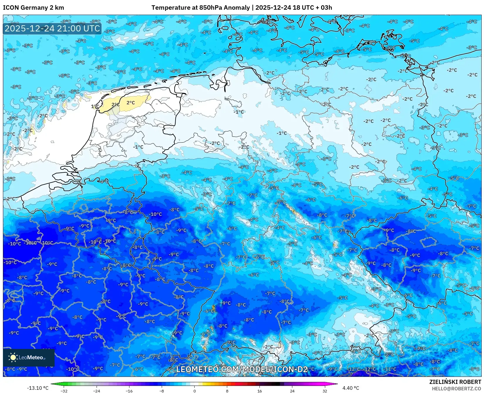 ICON Germany 2 km model - Germany, Temperature at 850hPa Anomaly
