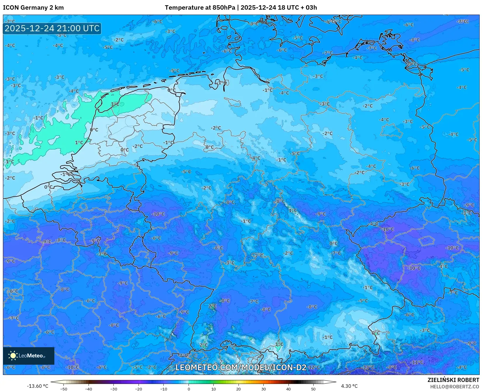 ICON Germany 2 km model - Germany, Temperature at 850hPa