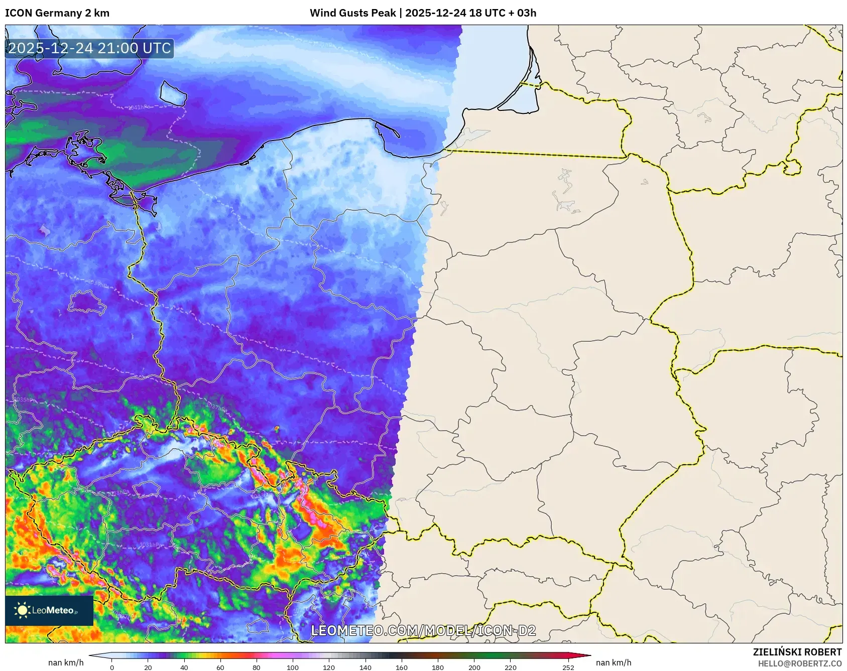 ICON Germany 2 km model - Poland, Wind Gusts Peak