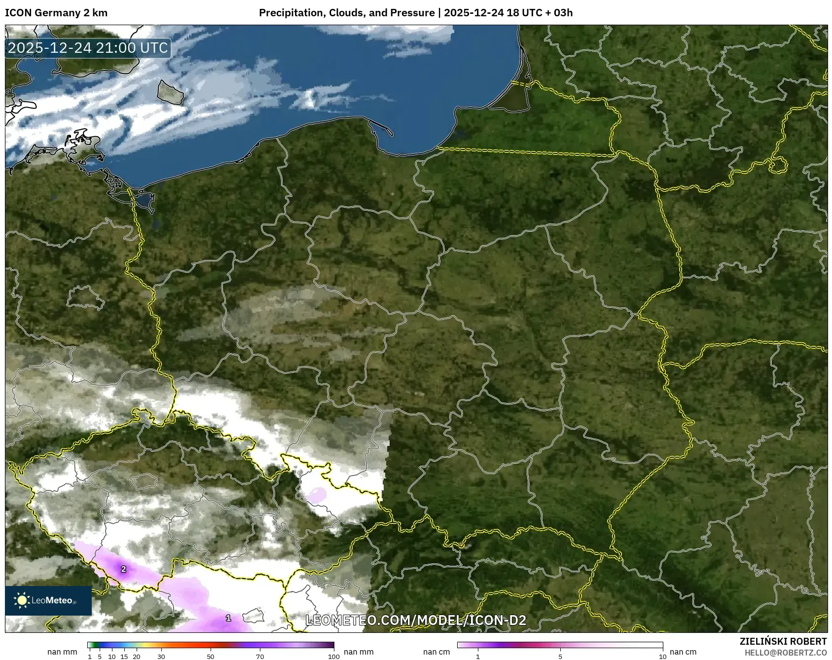 ICON Germany 2 km model - Poland, Precipitation, Clouds, and Pressure