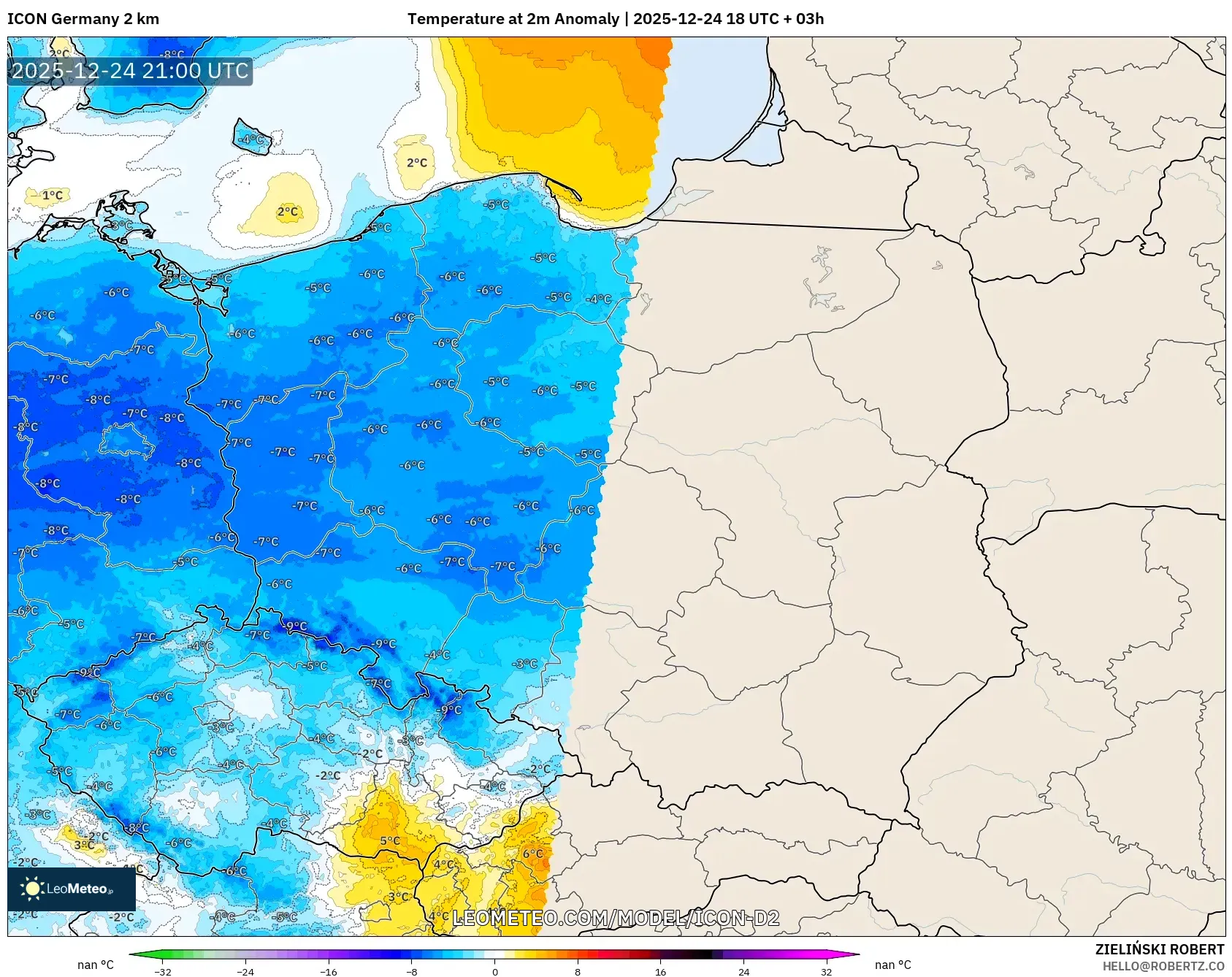 ICON Germany 2 km model - Poland, Temperature at 2m Anomaly