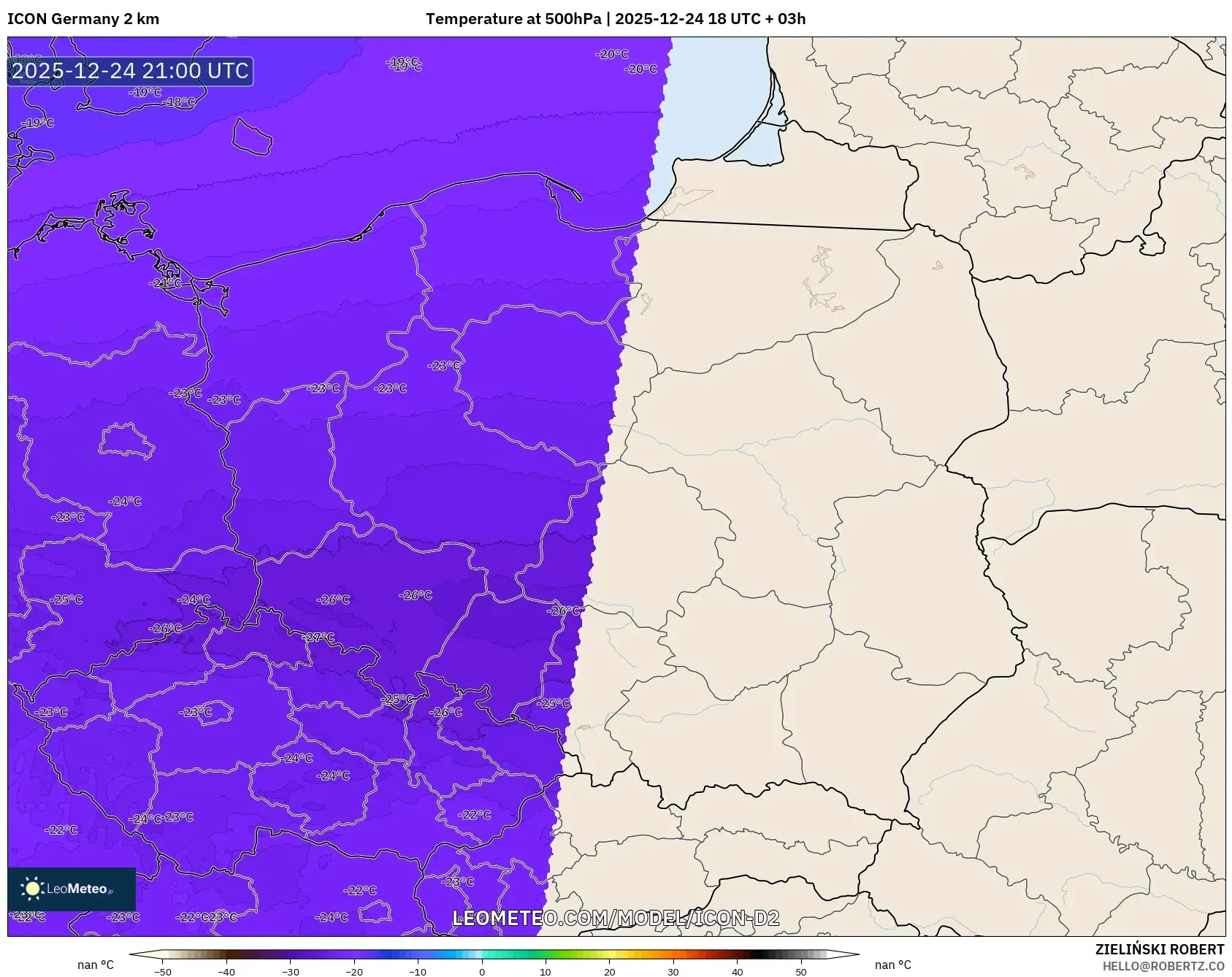 ICON Germany 2 km model - Poland, Temperature at 500hPa