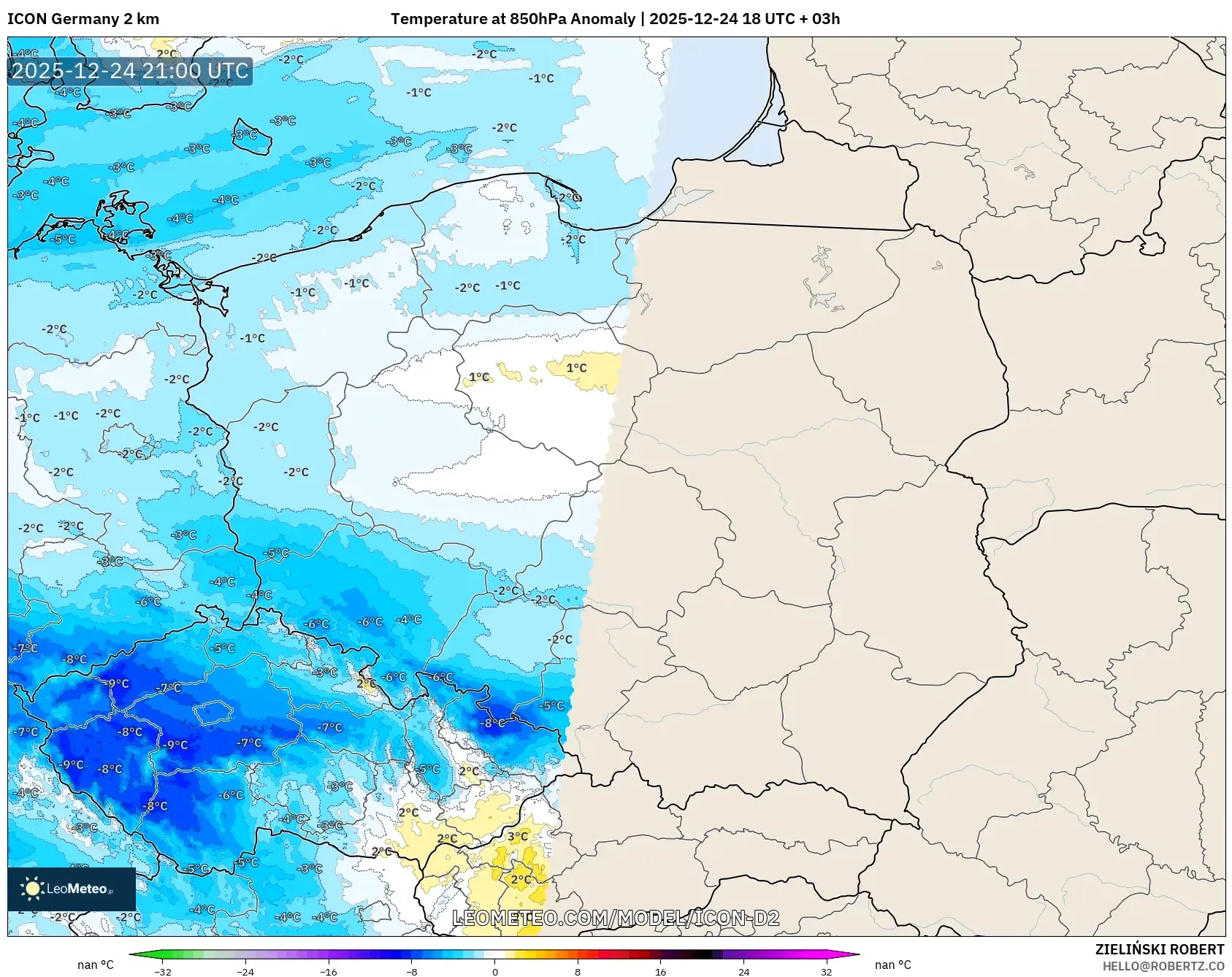 ICON Germany 2 km model - Poland, Temperature at 850hPa Anomaly