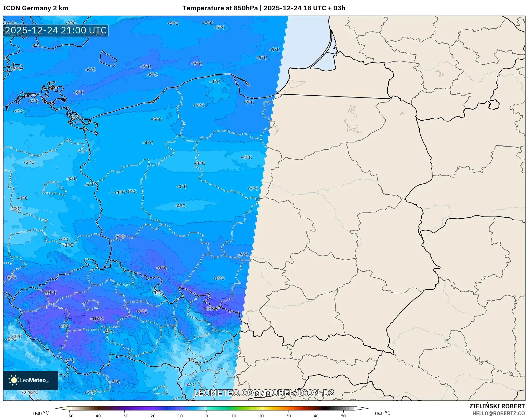 ICON Germany 2 km model - Poland, Temperature at 850hPa