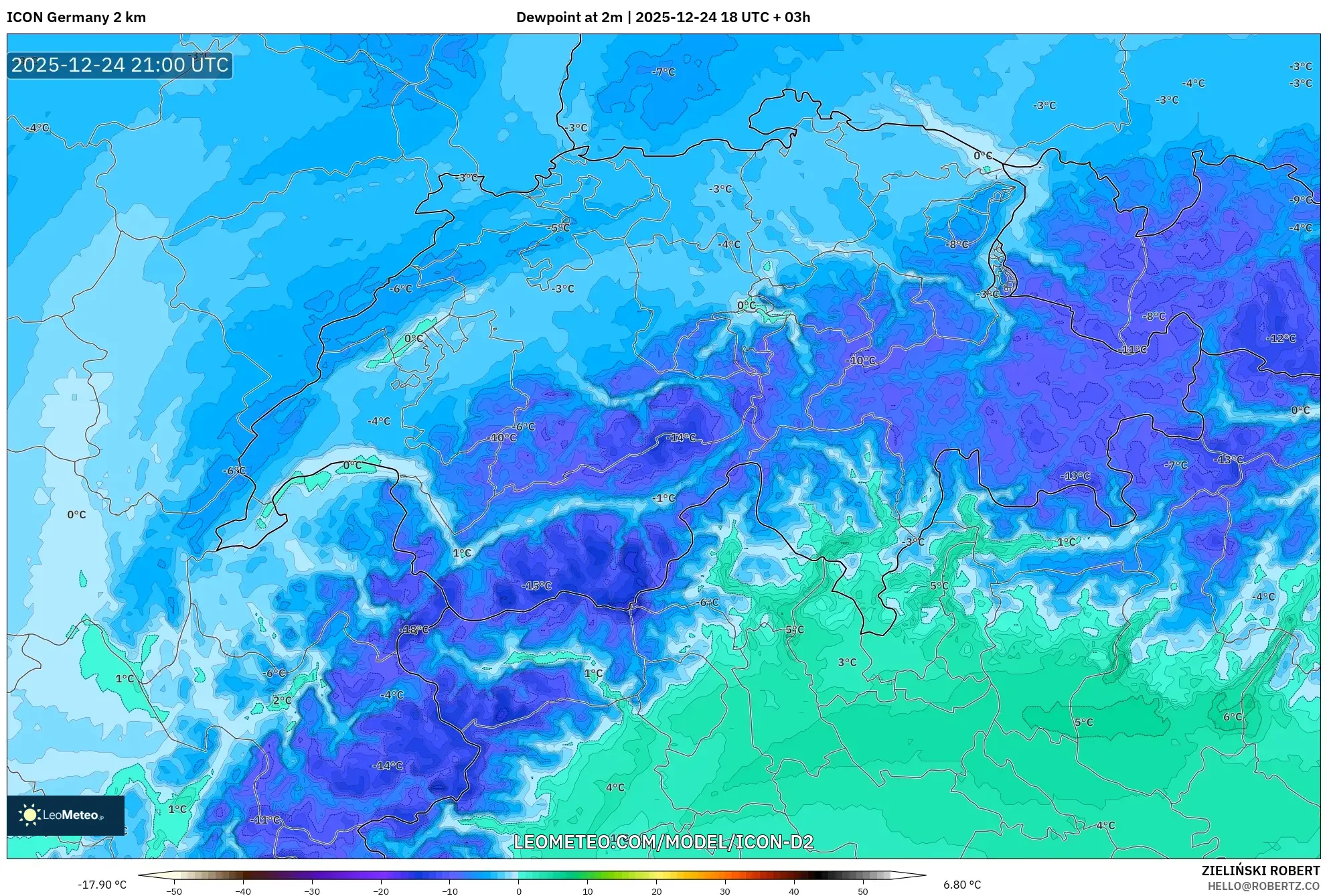 ICON Germany 2 km model - Switzerland, Dewpoint at 2m