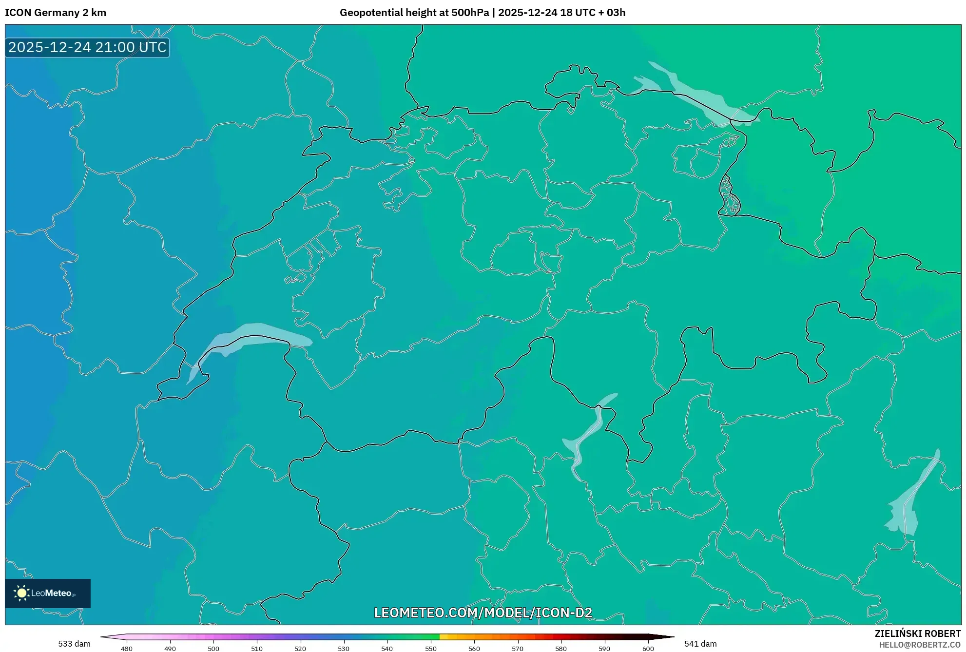 ICON Germany 2 km model - Switzerland, Geopotential height at 500hPa