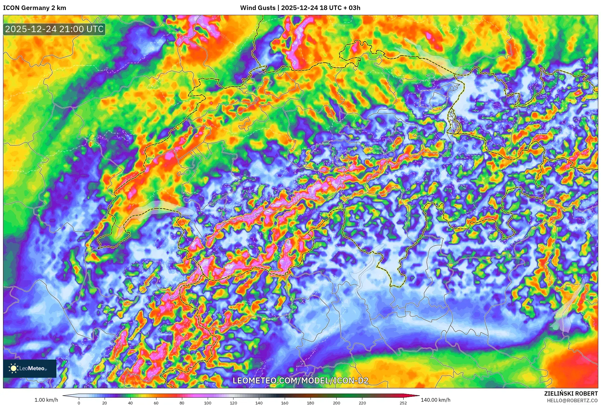 ICON Germany 2 km model - Switzerland, Wind Gusts