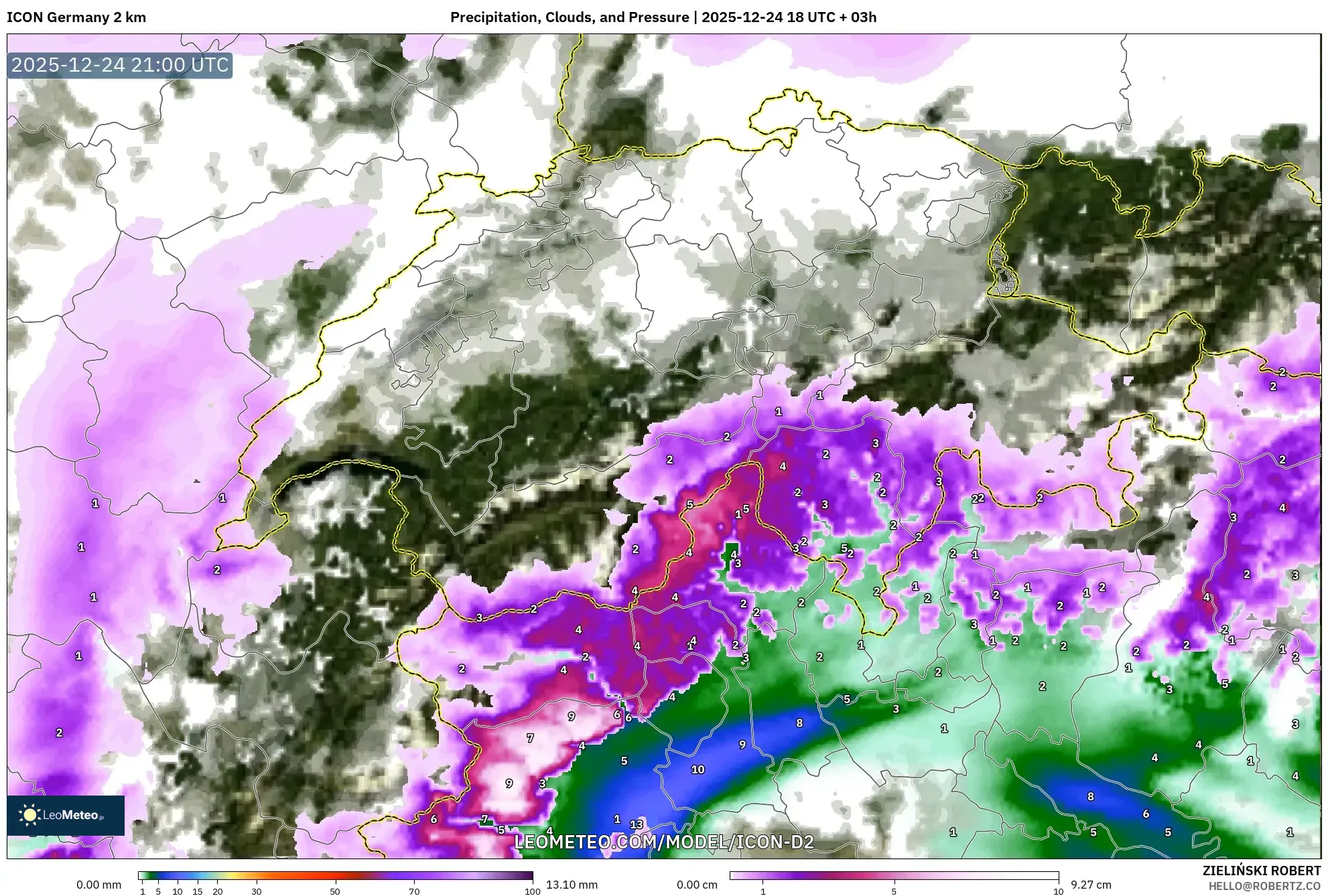 ICON Germany 2 km model - Switzerland, Precipitation, Clouds, and Pressure