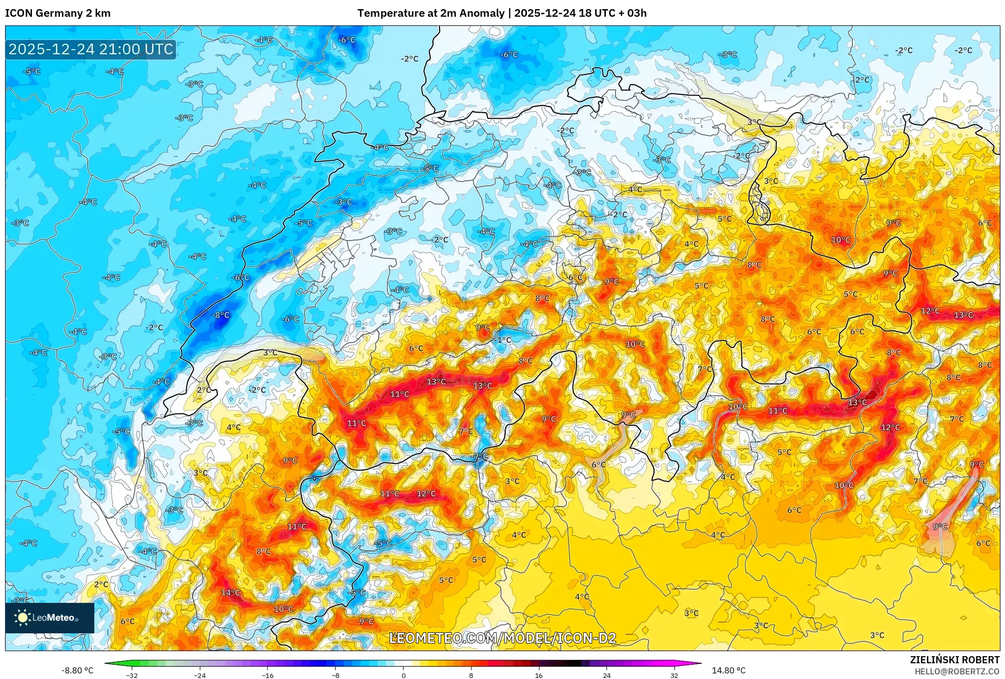 ICON Germany 2 km model - Switzerland, Temperature at 2m Anomaly