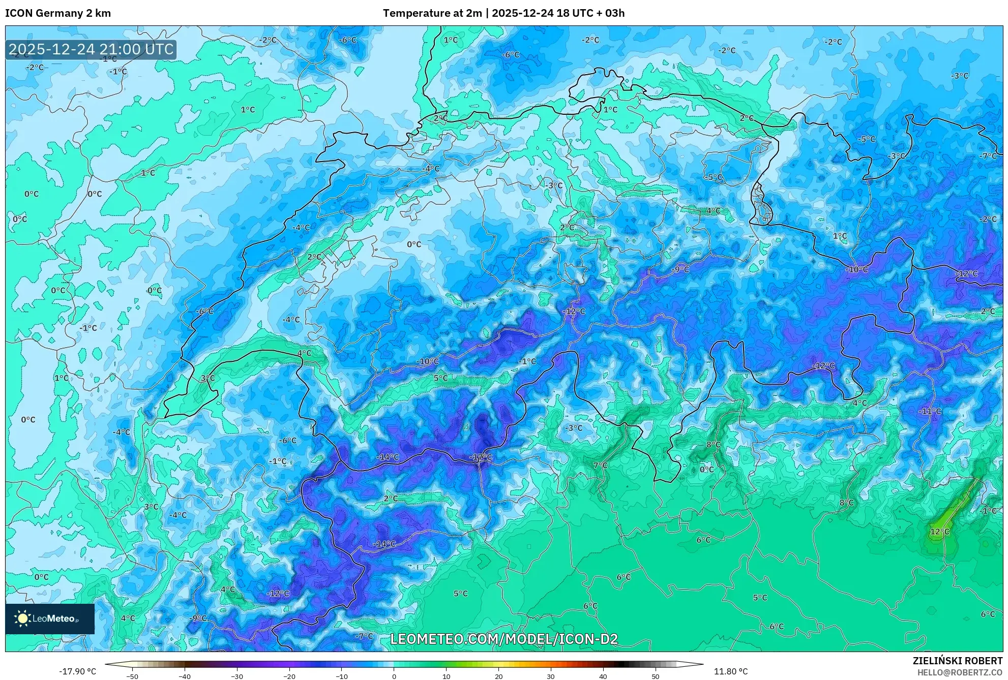 ICON Germany 2 km model - Switzerland, Temperature at 2m