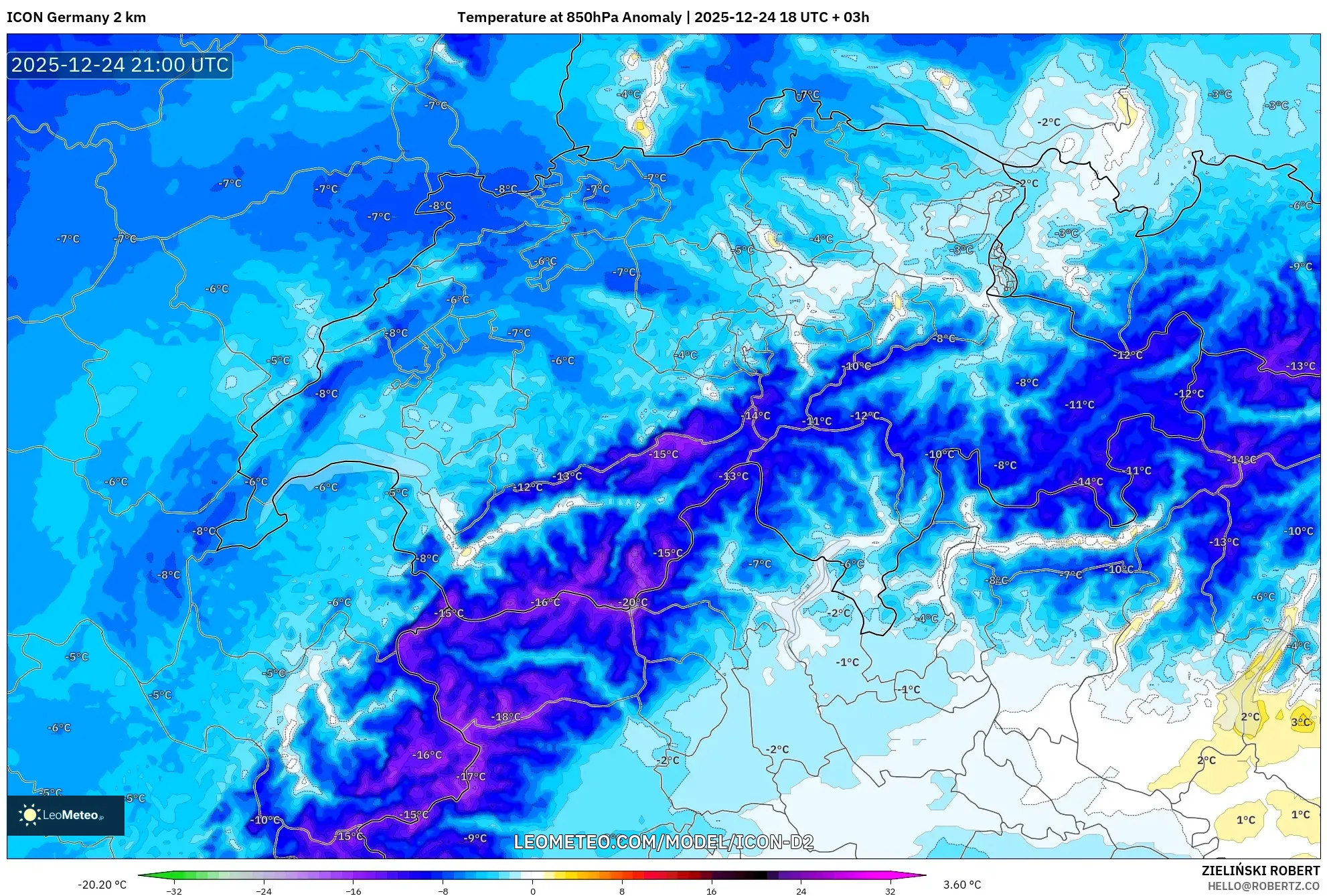 ICON Germany 2 km model - Switzerland, Temperature at 850hPa Anomaly