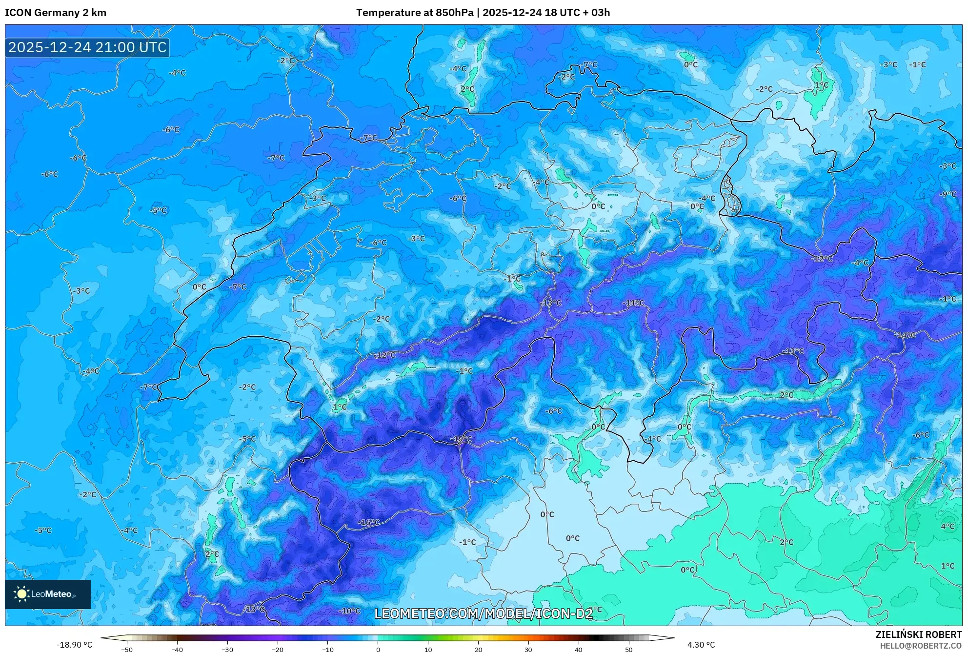 ICON Germany 2 km model - Switzerland, Temperature at 850hPa