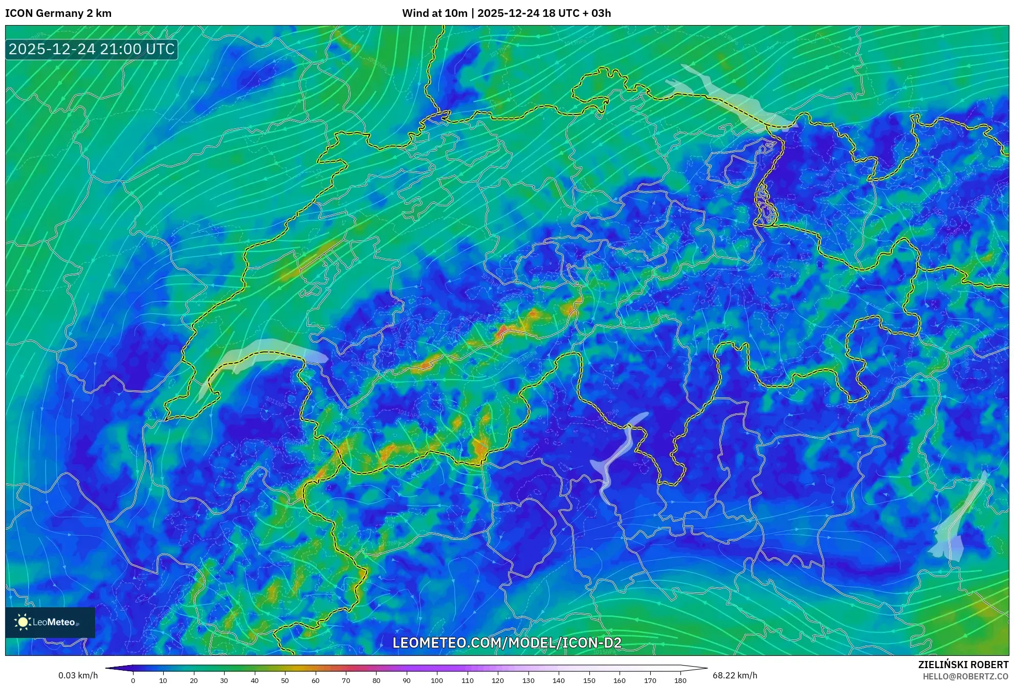 ICON Germany 2 km model - Switzerland, Wind at 10m