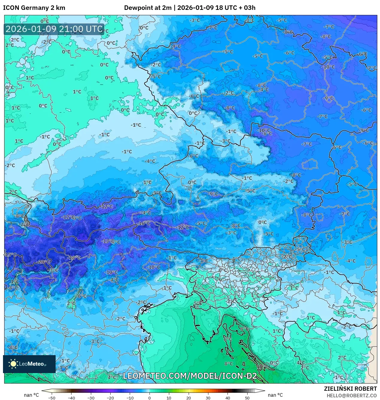 ICON Germany 2 km model - Austria, Dewpoint at 2m