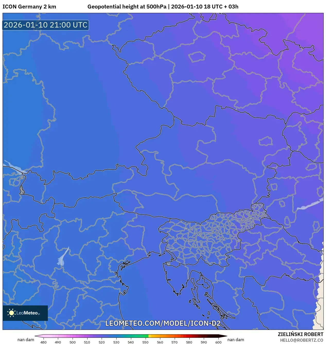 ICON Germany 2 km model - Austria, Geopotential height at 500hPa