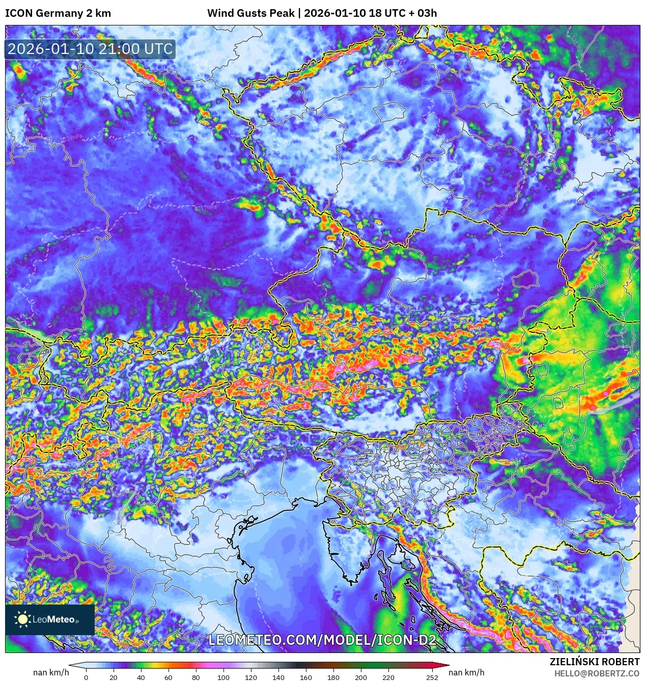 ICON Germany 2 km model - Austria, Wind Gusts Peak