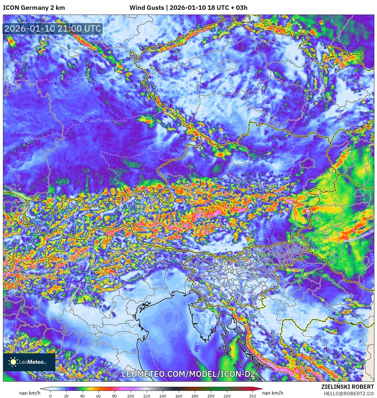 ICON Germany 2 km model - Austria, Wind Gusts