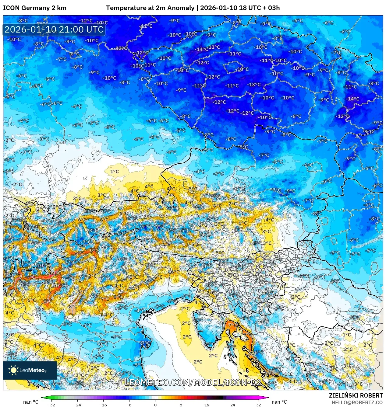 ICON Germany 2 km model - Austria, Temperature at 2m Anomaly