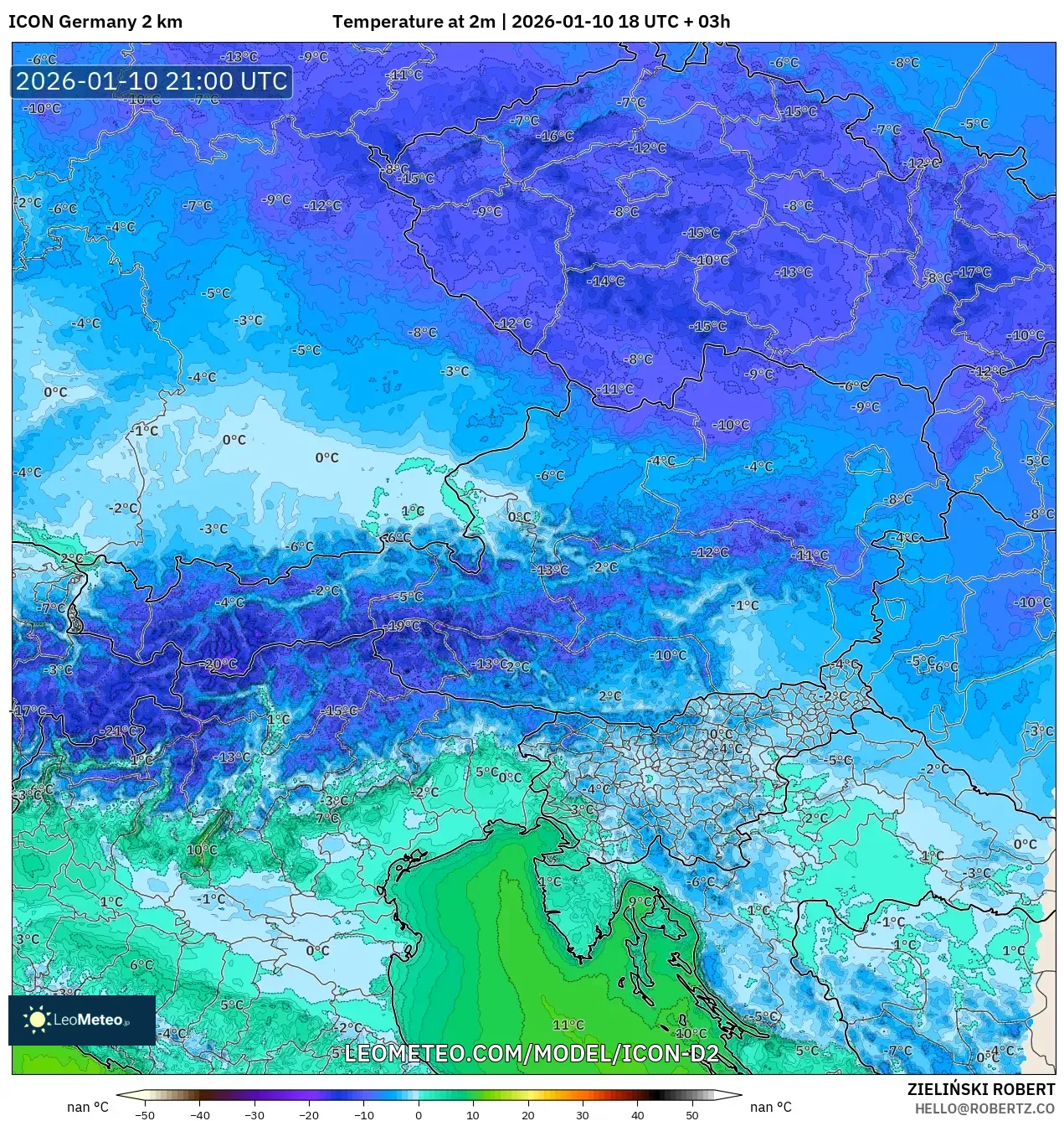 ICON Germany 2 km model - Austria, Temperature at 2m