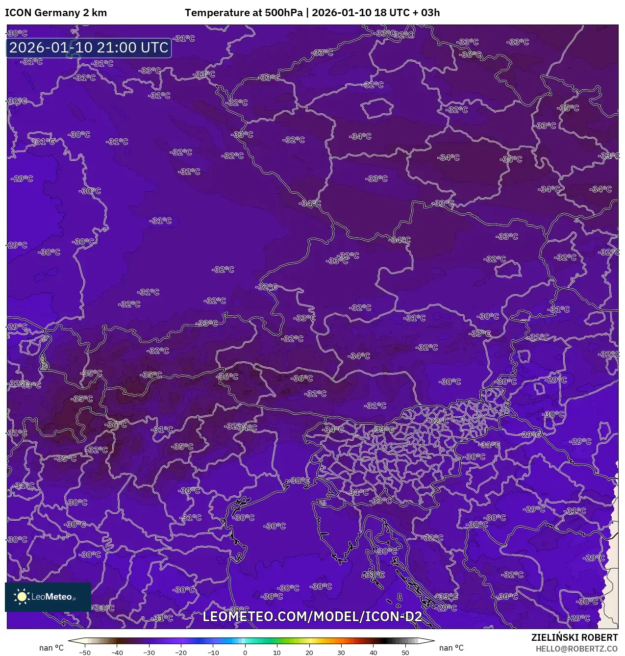 ICON Germany 2 km model - Austria, Temperature at 500hPa