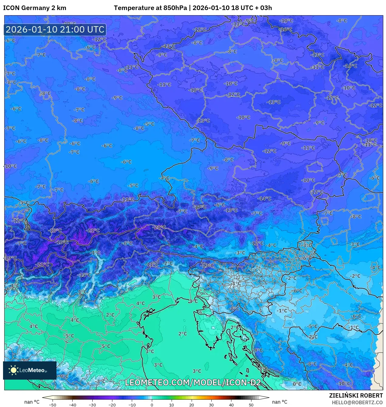 ICON Germany 2 km model - Austria, Temperature at 850hPa