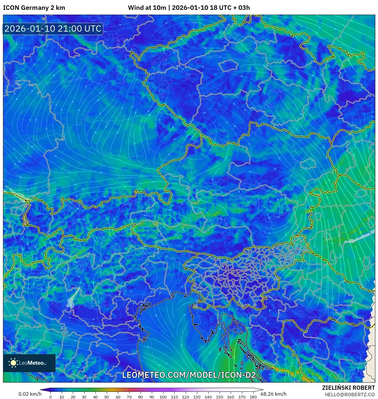 ICON Germany 2 km model - Austria, Wind at 10m
