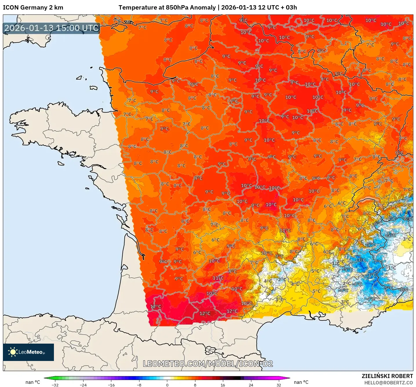 ICON Germany 2 km model - France, Temperature at 850hPa Anomaly