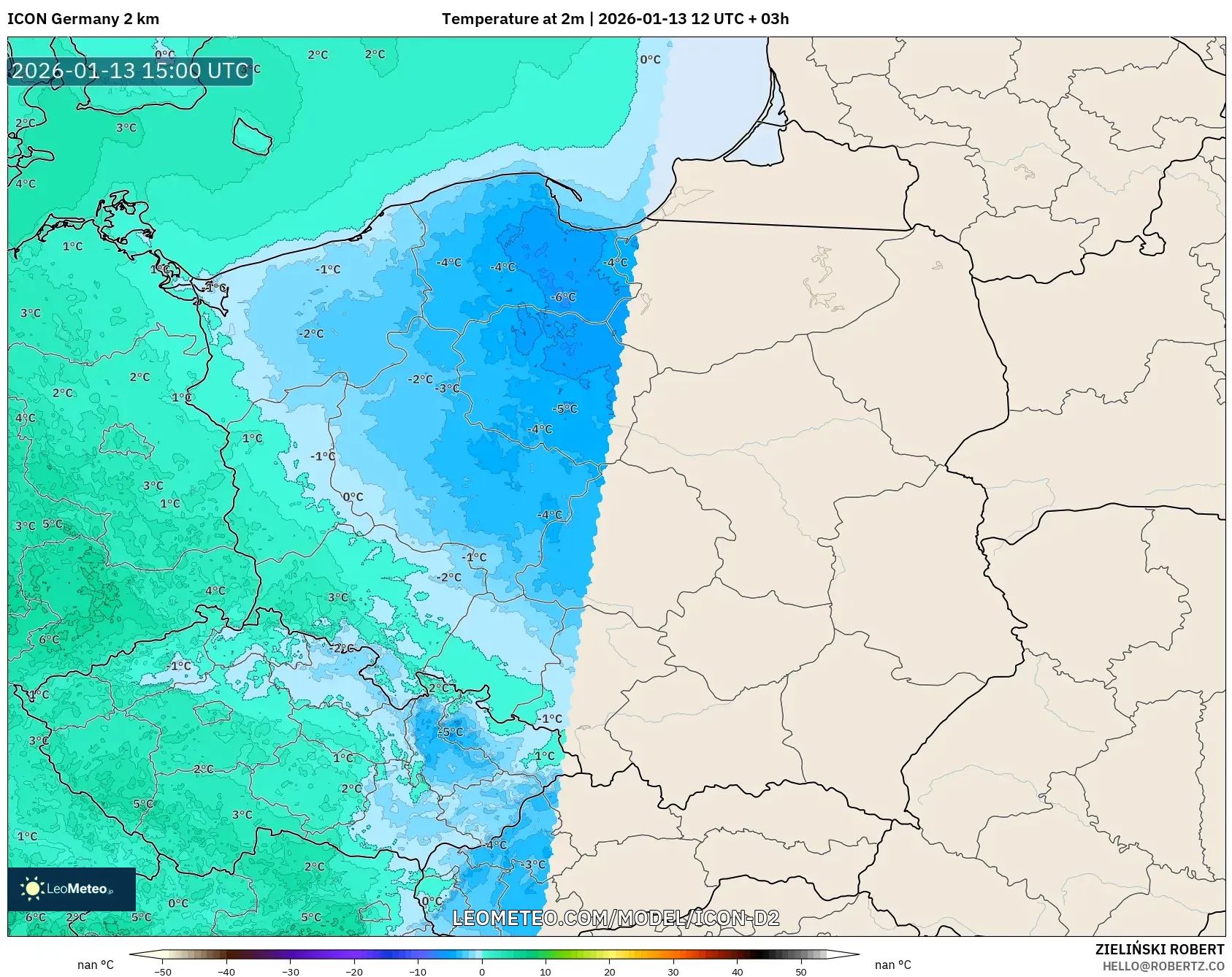 ICON Germany 2 km model - Poland, Temperature at 2m