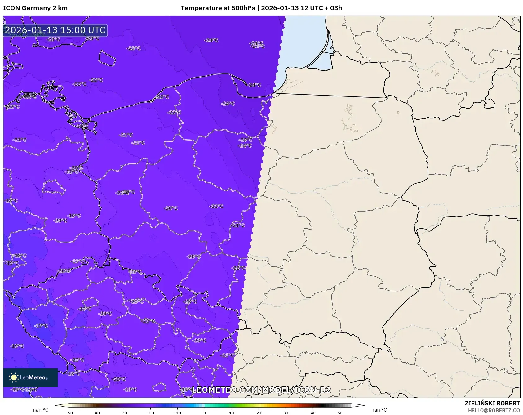 ICON Germany 2 km model - Poland, Temperature at 500hPa