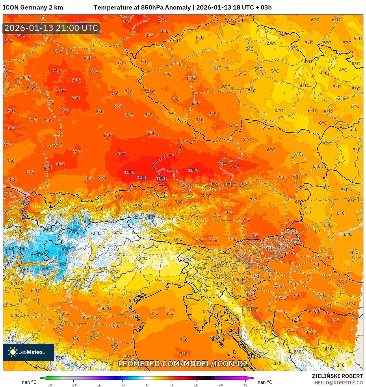 ICON Germany 2 km model - Austria, Temperature at 850hPa Anomaly