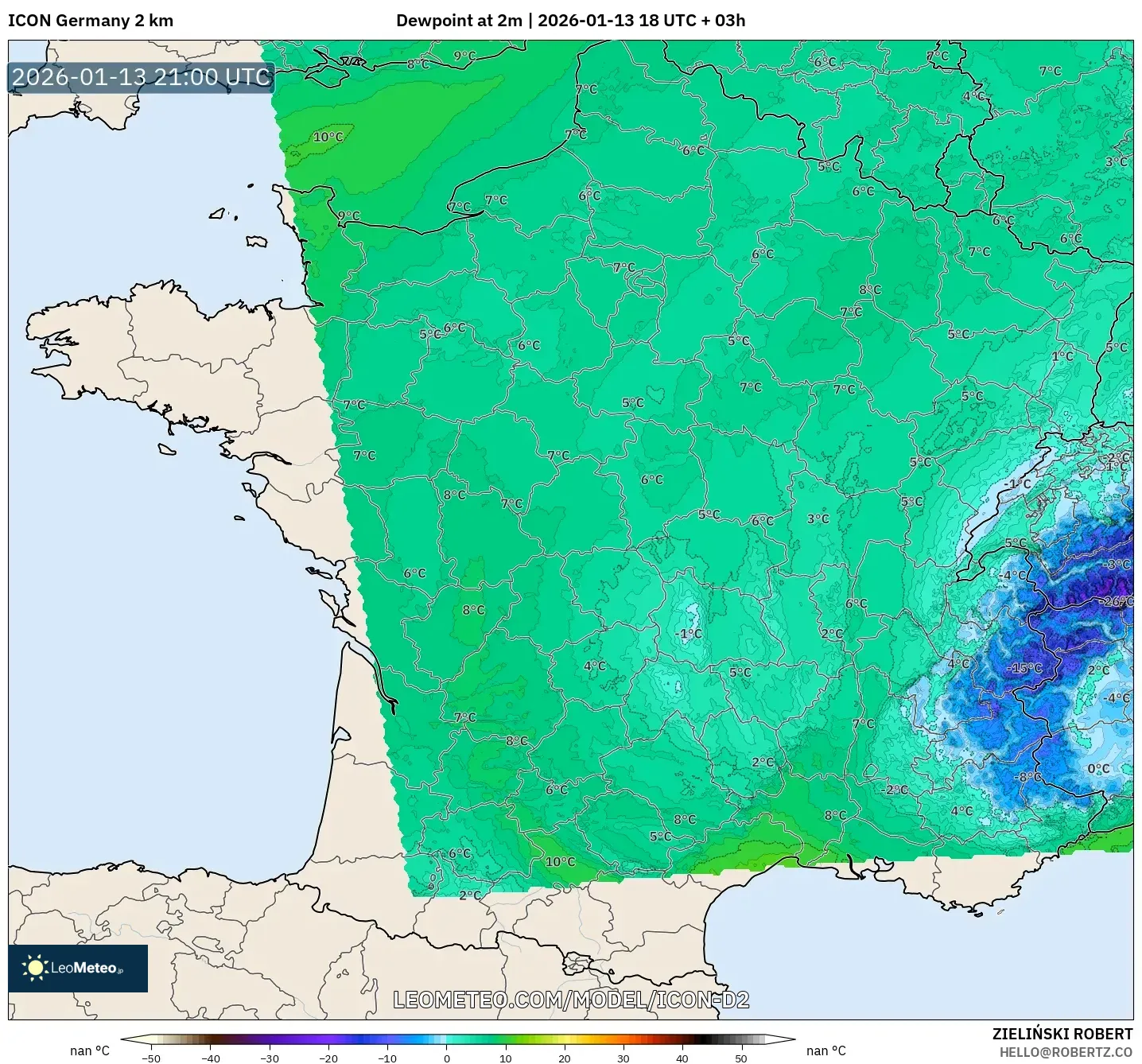 ICON Germany 2 km model - France, Dewpoint at 2m