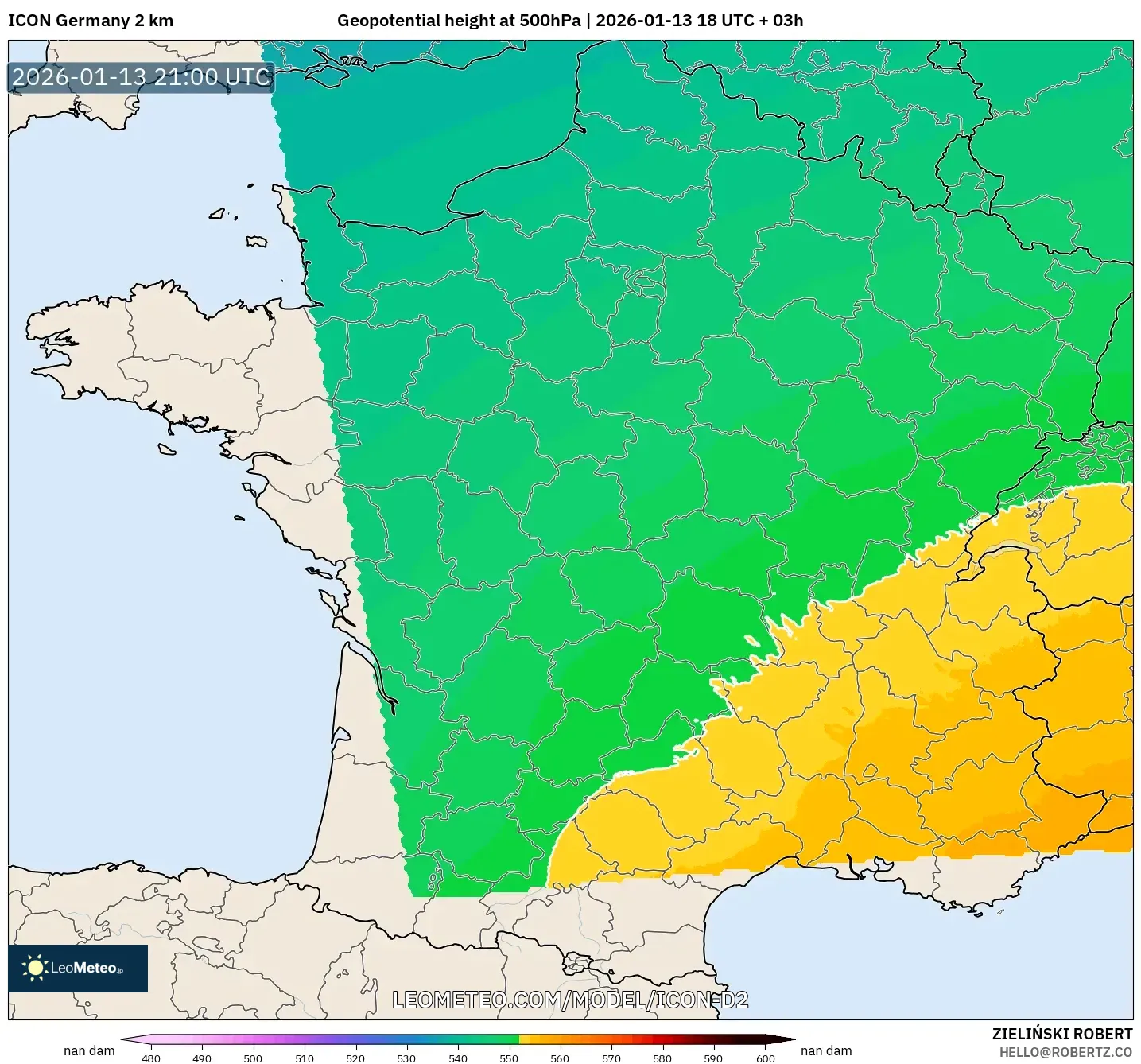 ICON Germany 2 km model - France, Geopotential height at 500hPa