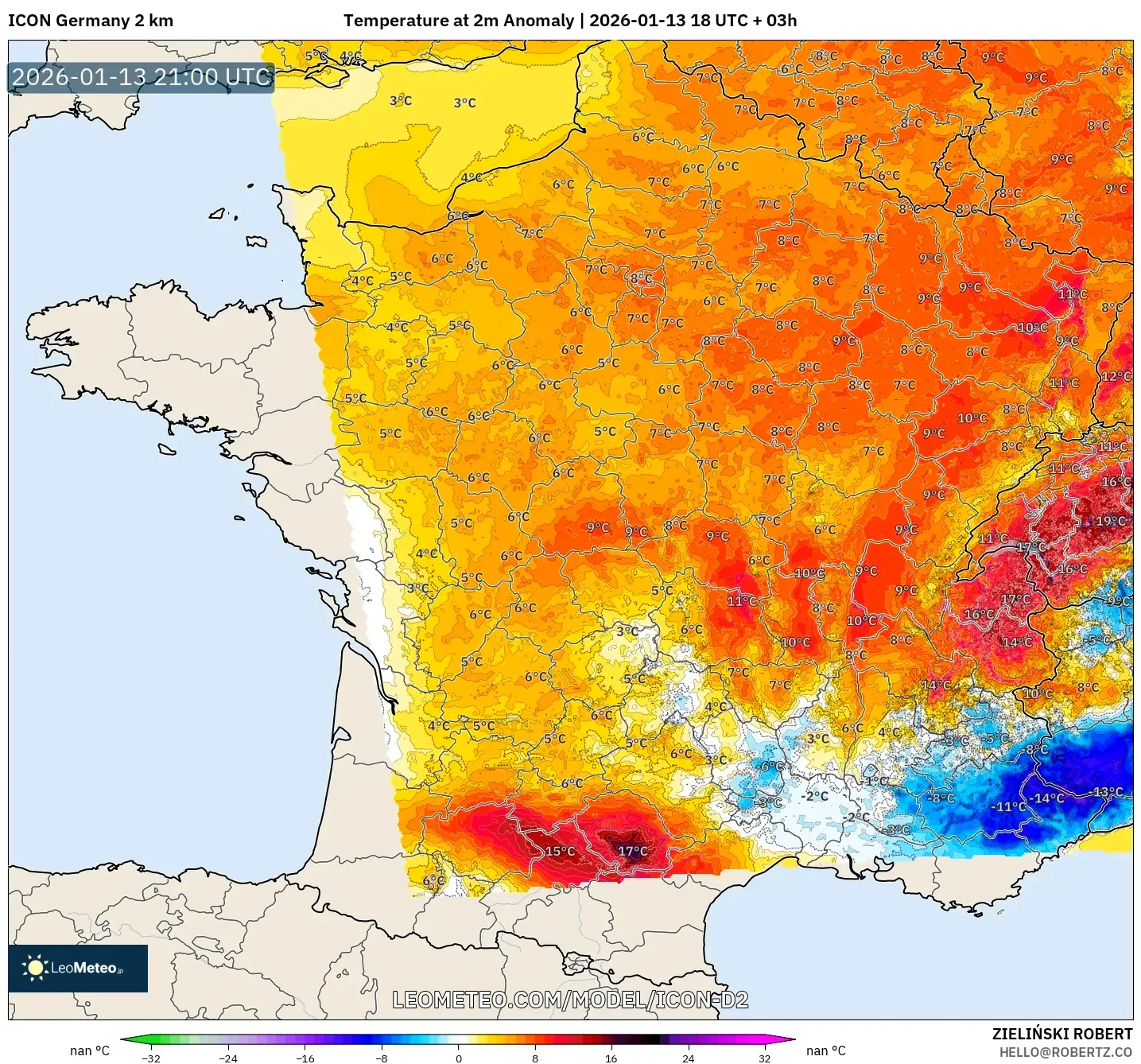 ICON Germany 2 km model - France, Temperature at 2m Anomaly
