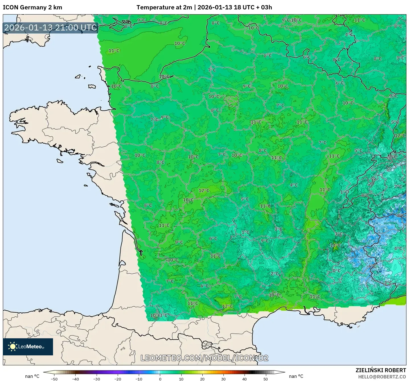 ICON Germany 2 km model - France, Temperature at 2m