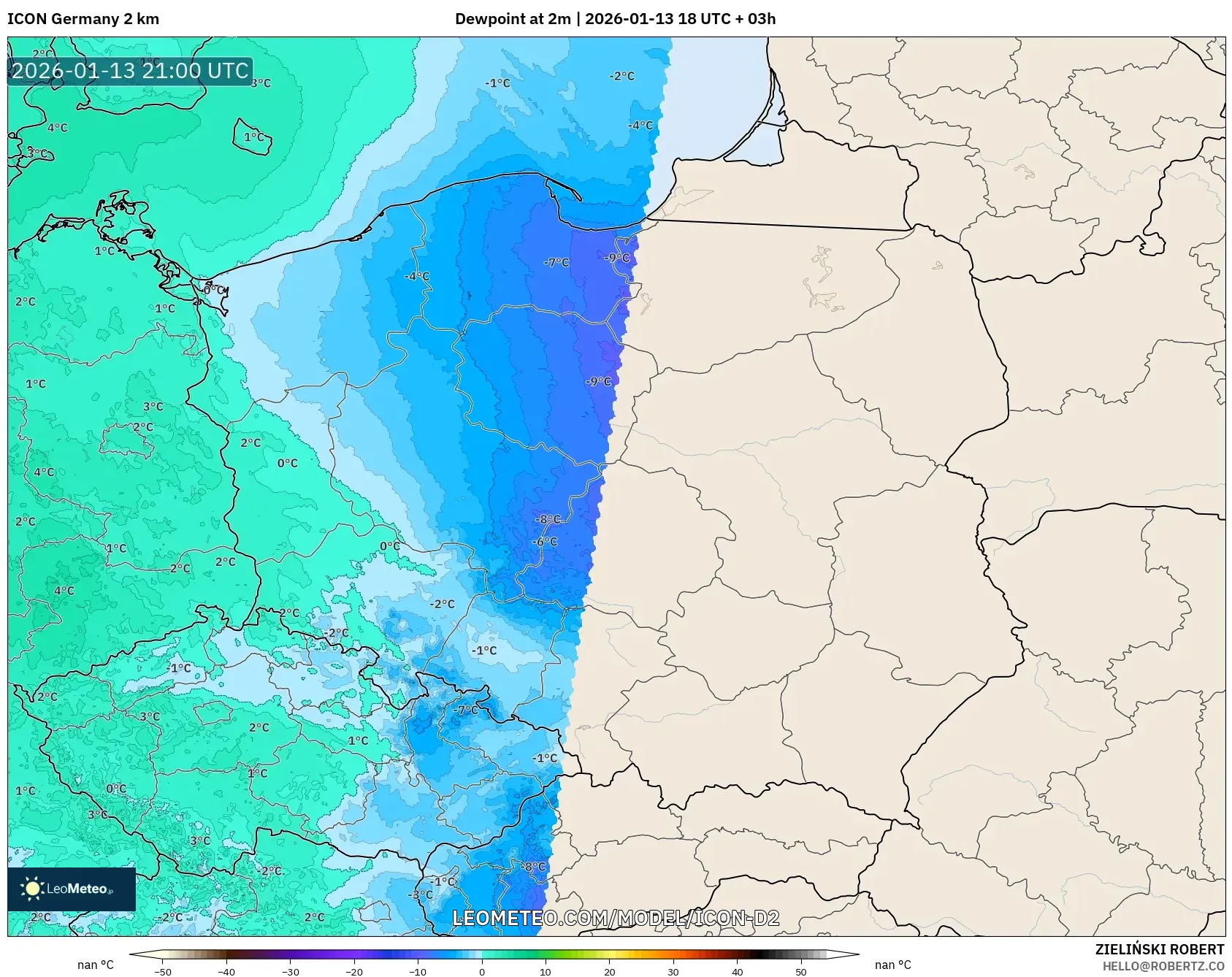ICON Germany 2 km model - Poland, Dewpoint at 2m