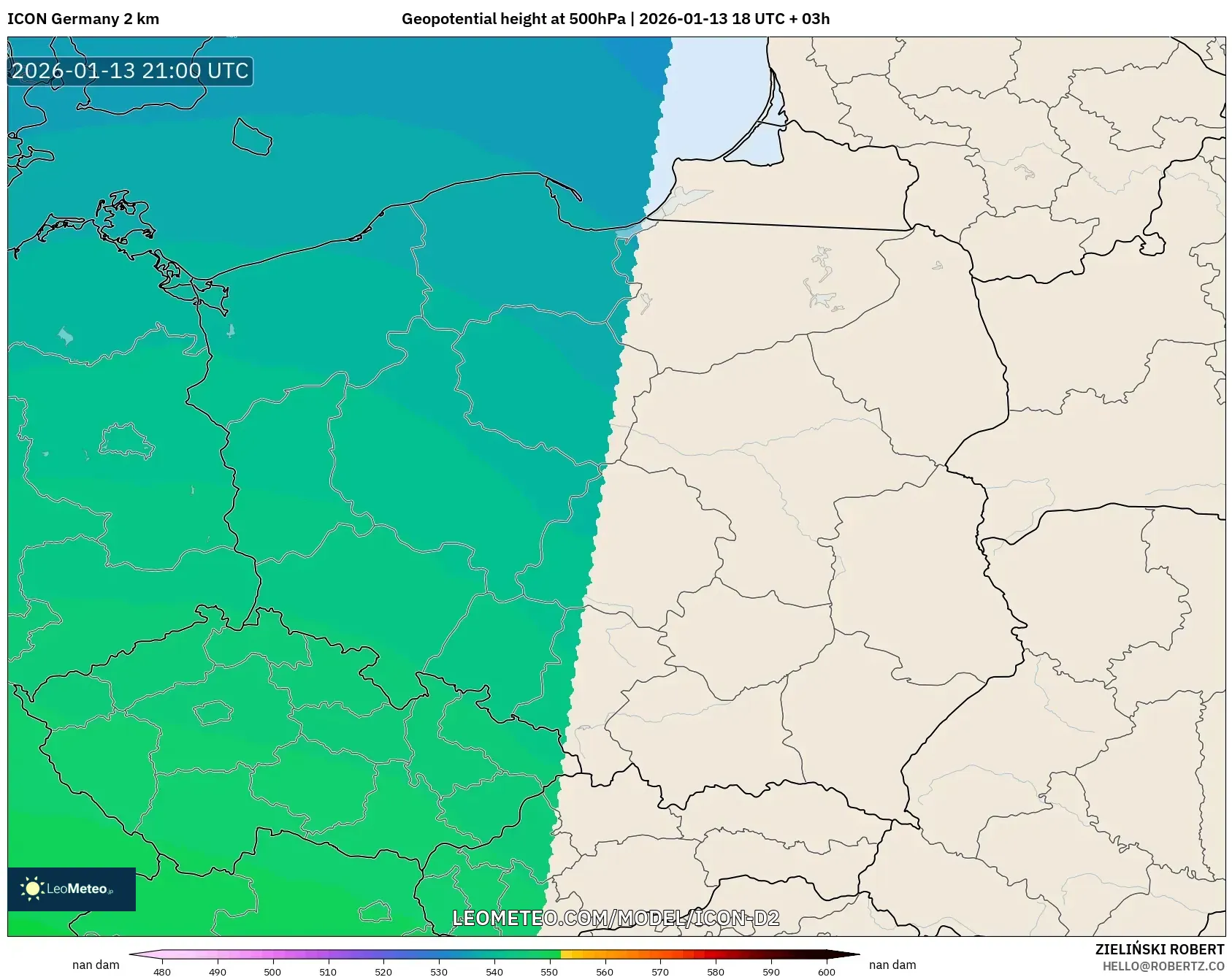 ICON Germany 2 km model - Poland, Geopotential height at 500hPa