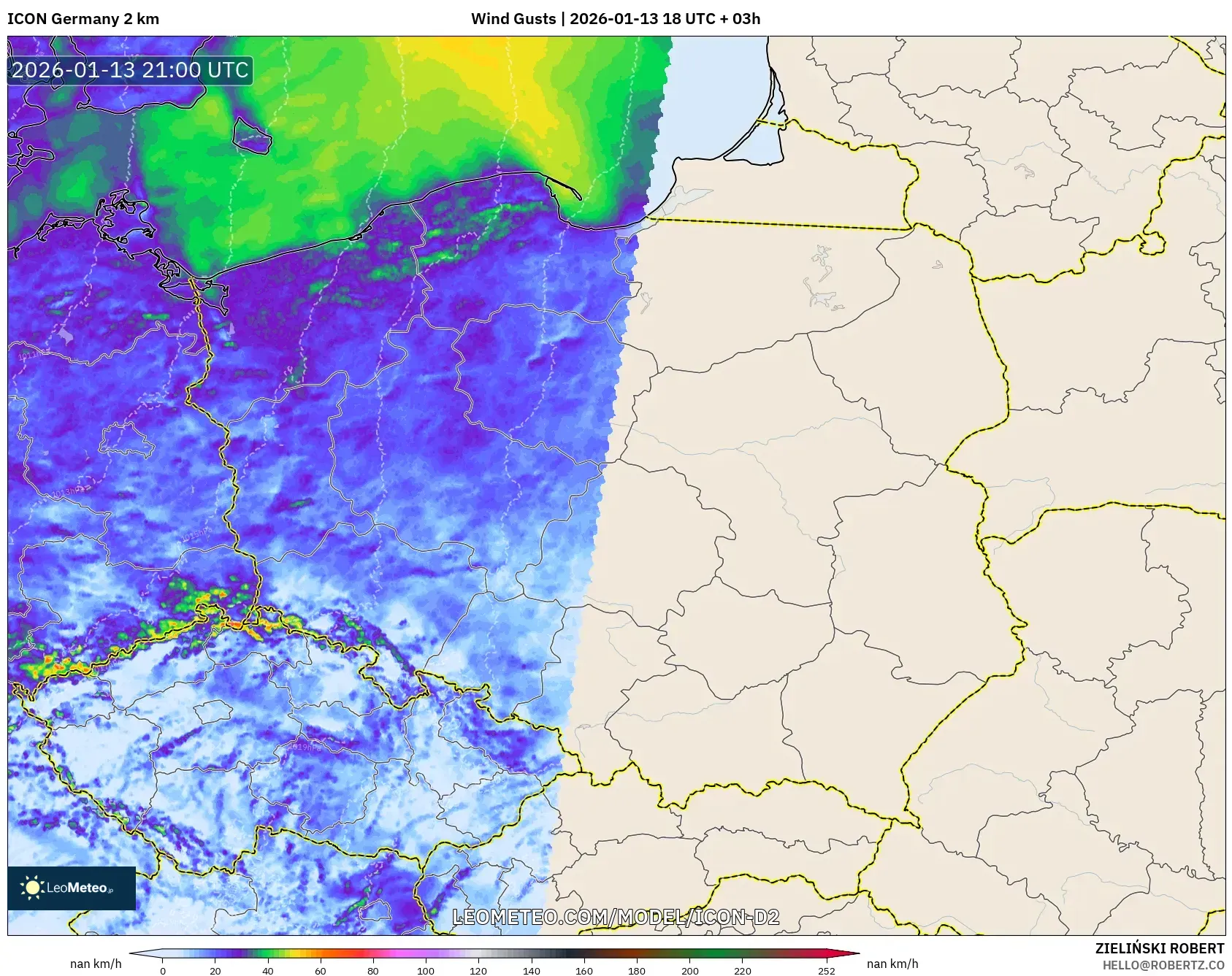ICON Germany 2 km model - Poland, Wind Gusts