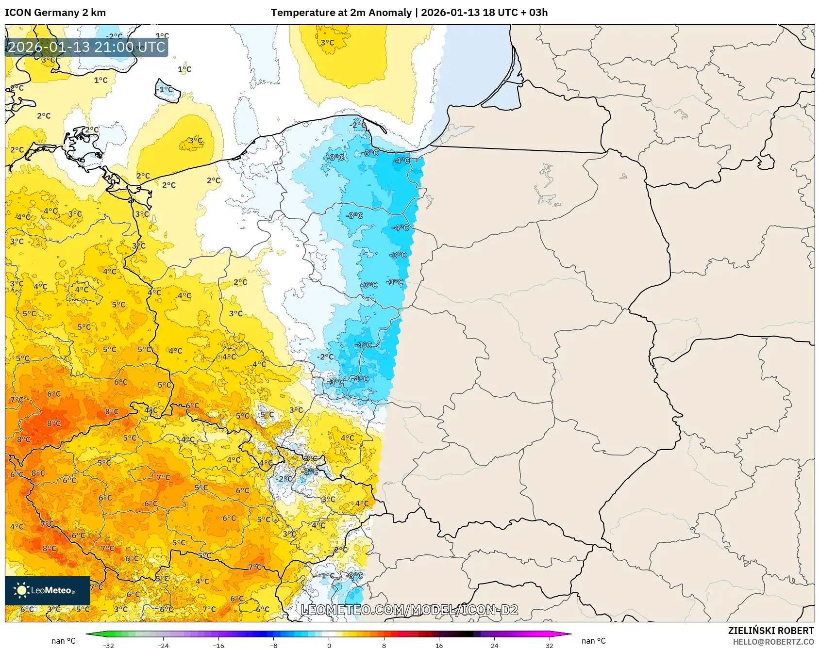 ICON Germany 2 km model - Poland, Temperature at 2m Anomaly