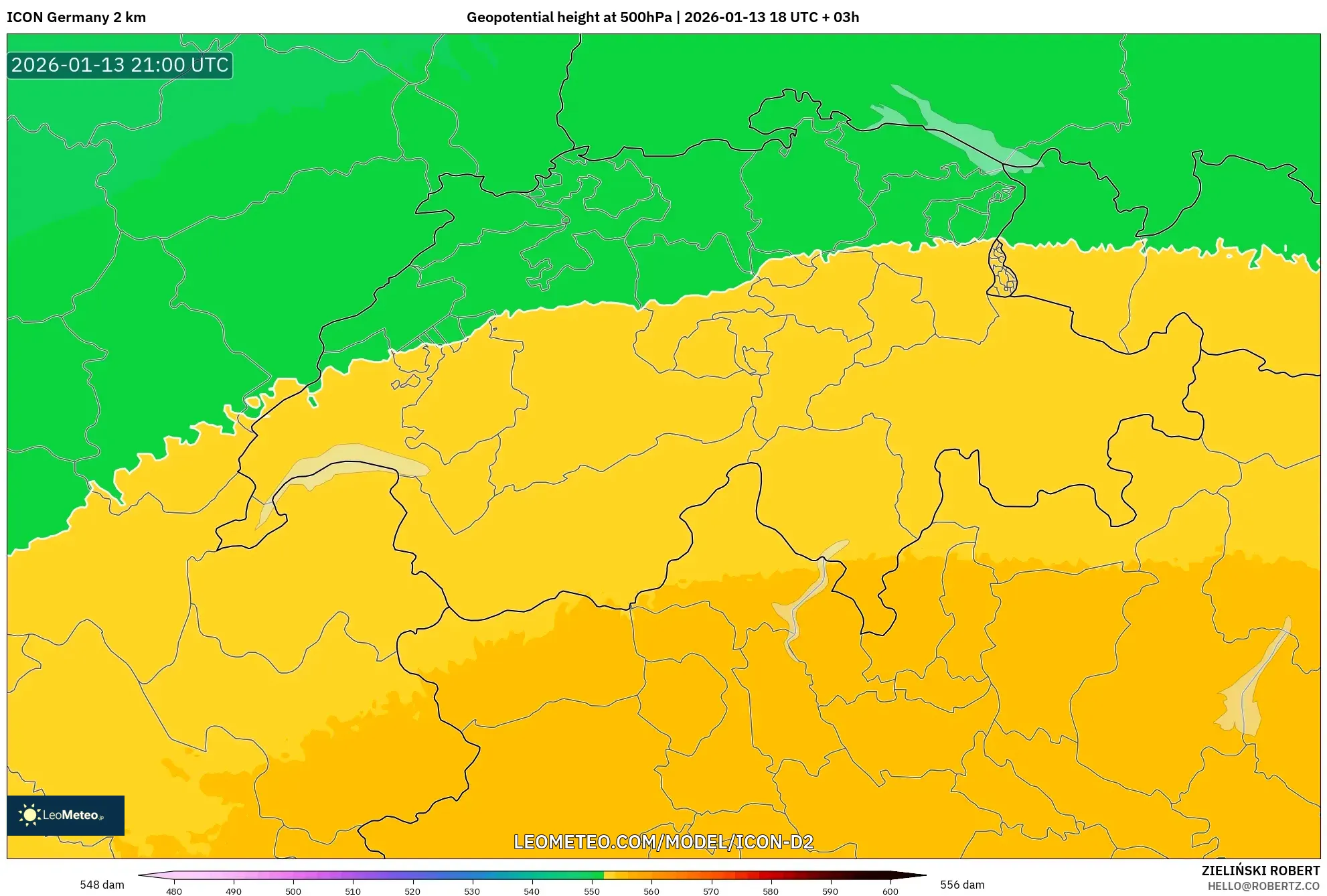 ICON Germany 2 km model - Switzerland, Geopotential height at 500hPa
