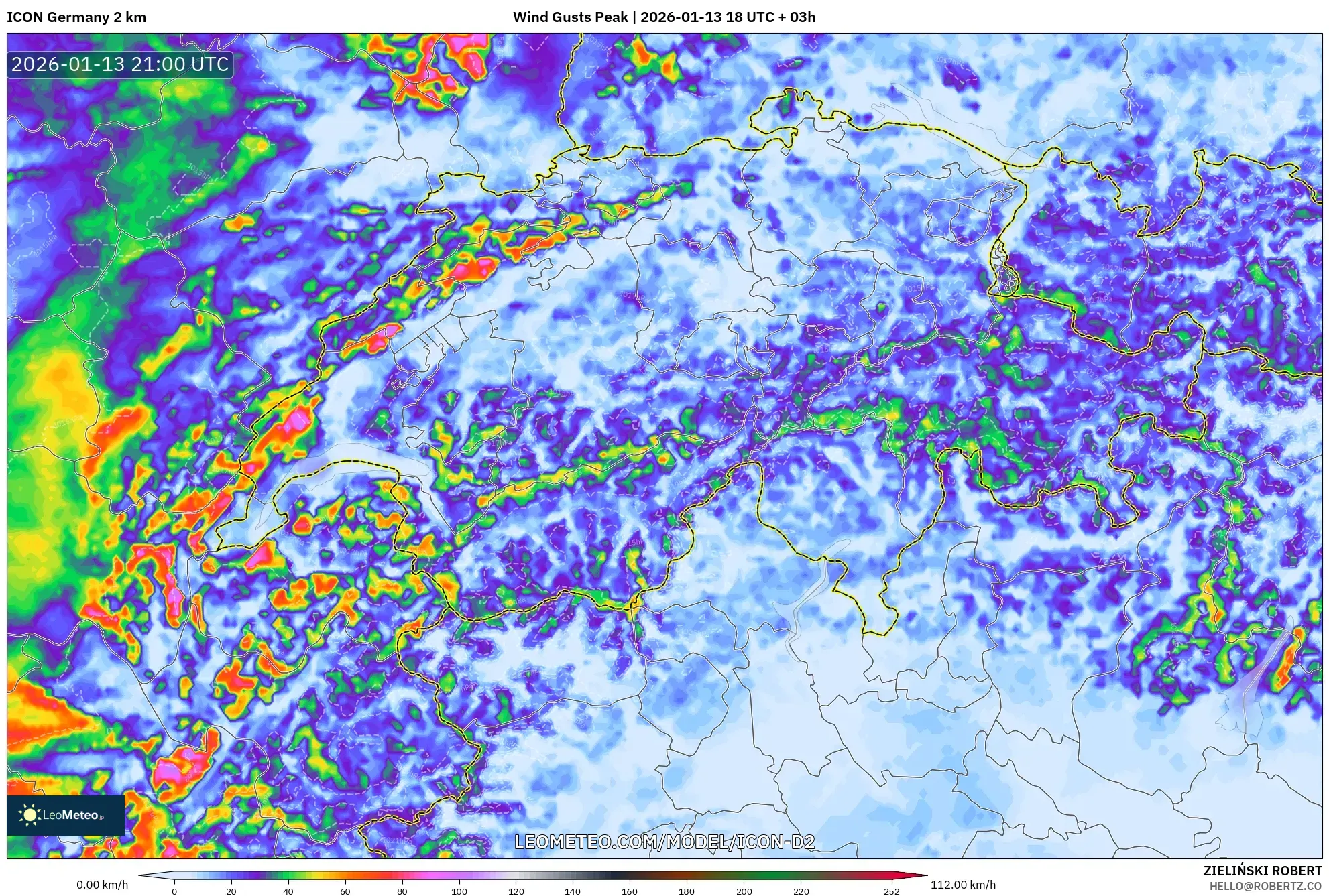 ICON Germany 2 km model - Switzerland, Wind Gusts Peak