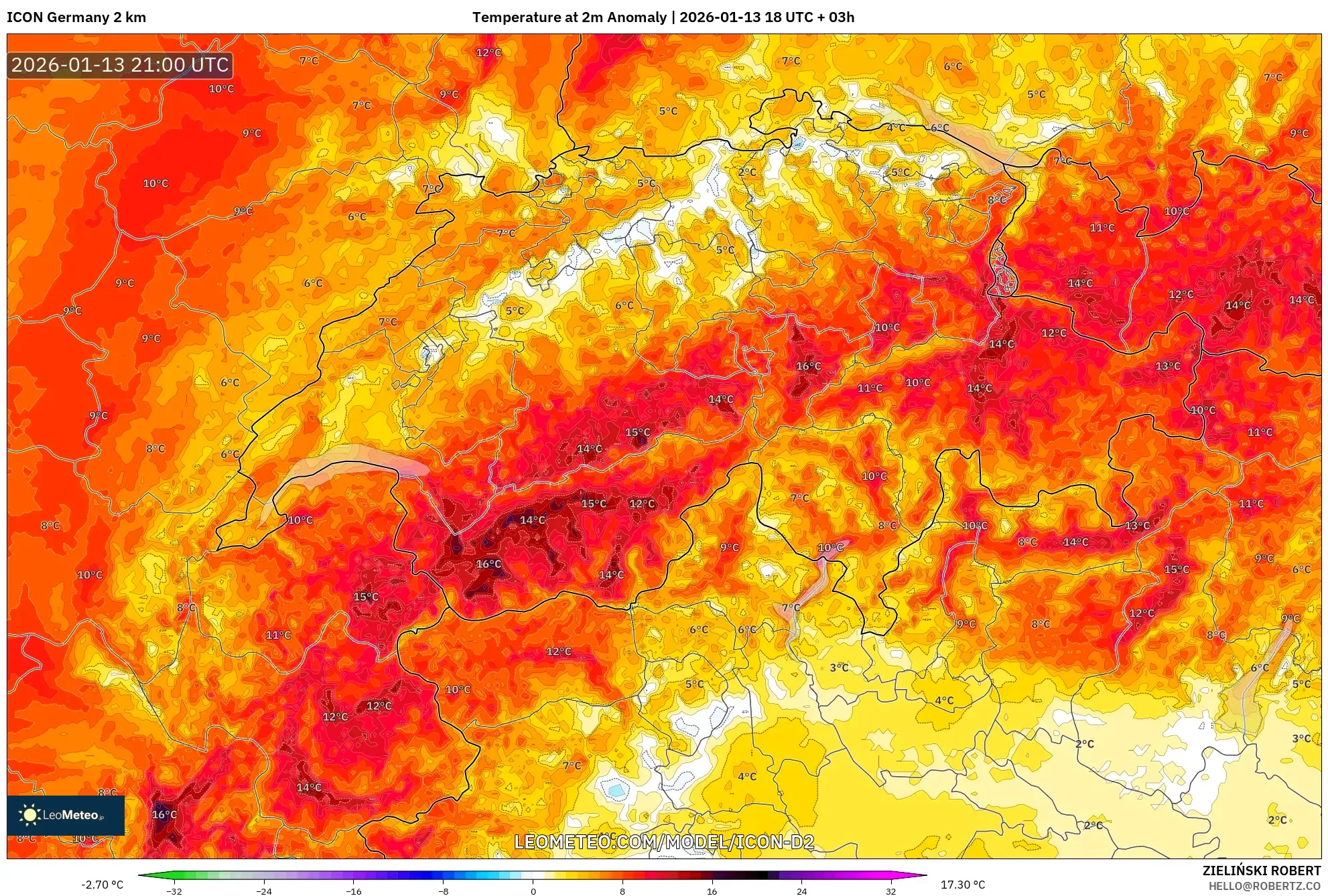 ICON Germany 2 km model - Switzerland, Temperature at 2m Anomaly